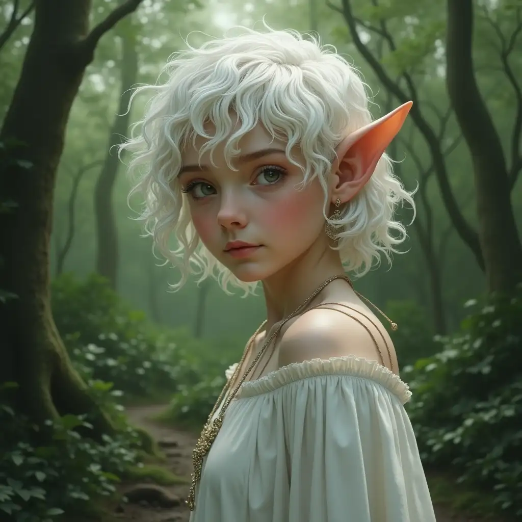 Elf girl, realistic style, pointed ears, short white curly hair, dressed in a white chiton, in full growth, forest, Photorealism