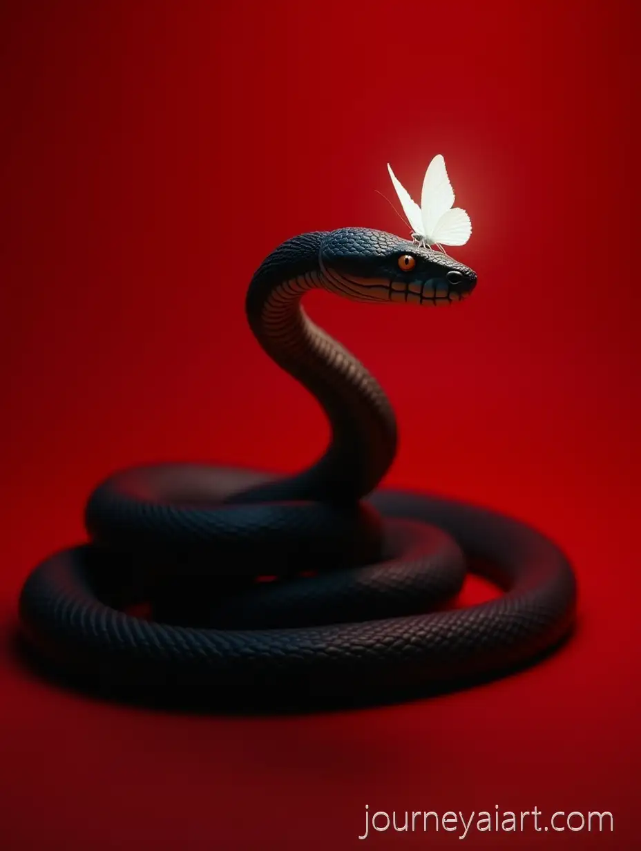UltraRealistic-Black-Snake-with-Glowing-White-Butterfly-on-Red-Background