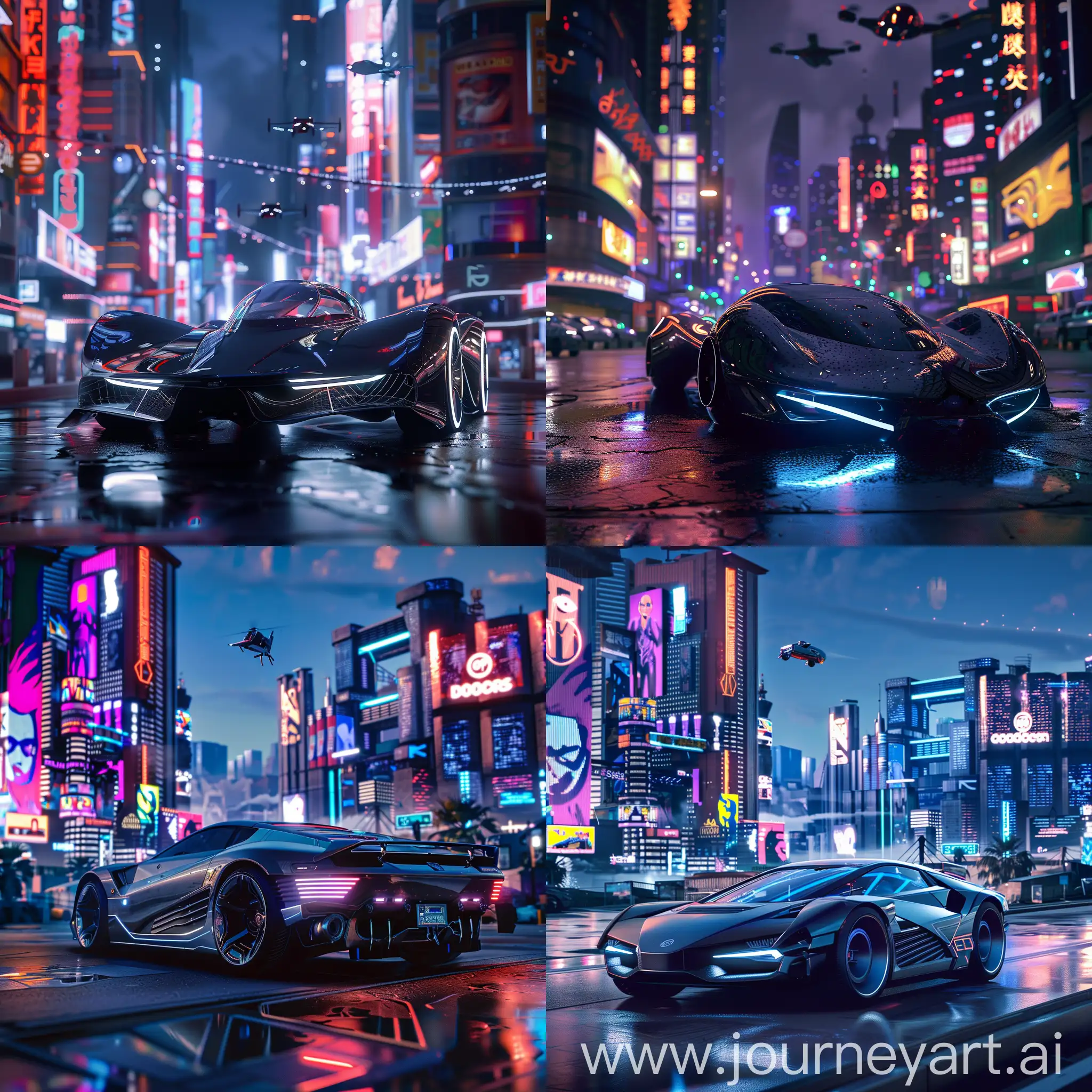 Futuristic-Car-in-Neon-Cityscape-with-Holographic-Displays-and-Solar-Panels