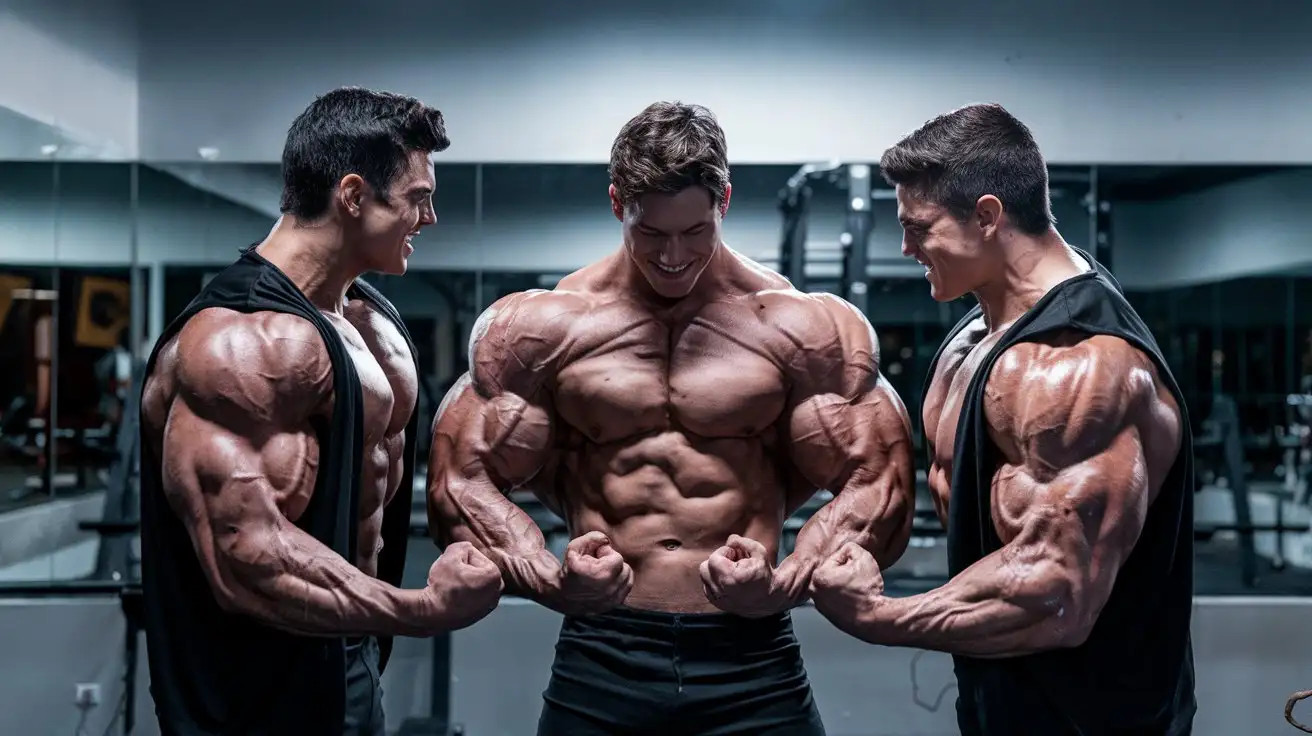 Superhuman-Heroes-Flexing-Muscles-in-Empty-Gym-at-Night