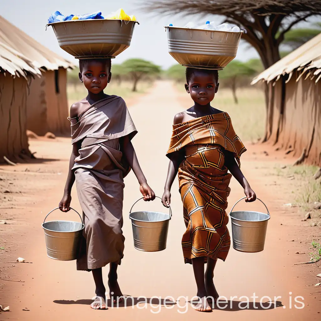 a beautiful african girl wearing only wrapper and carrying bucket going to fetch water include 1 boy and 2 girls