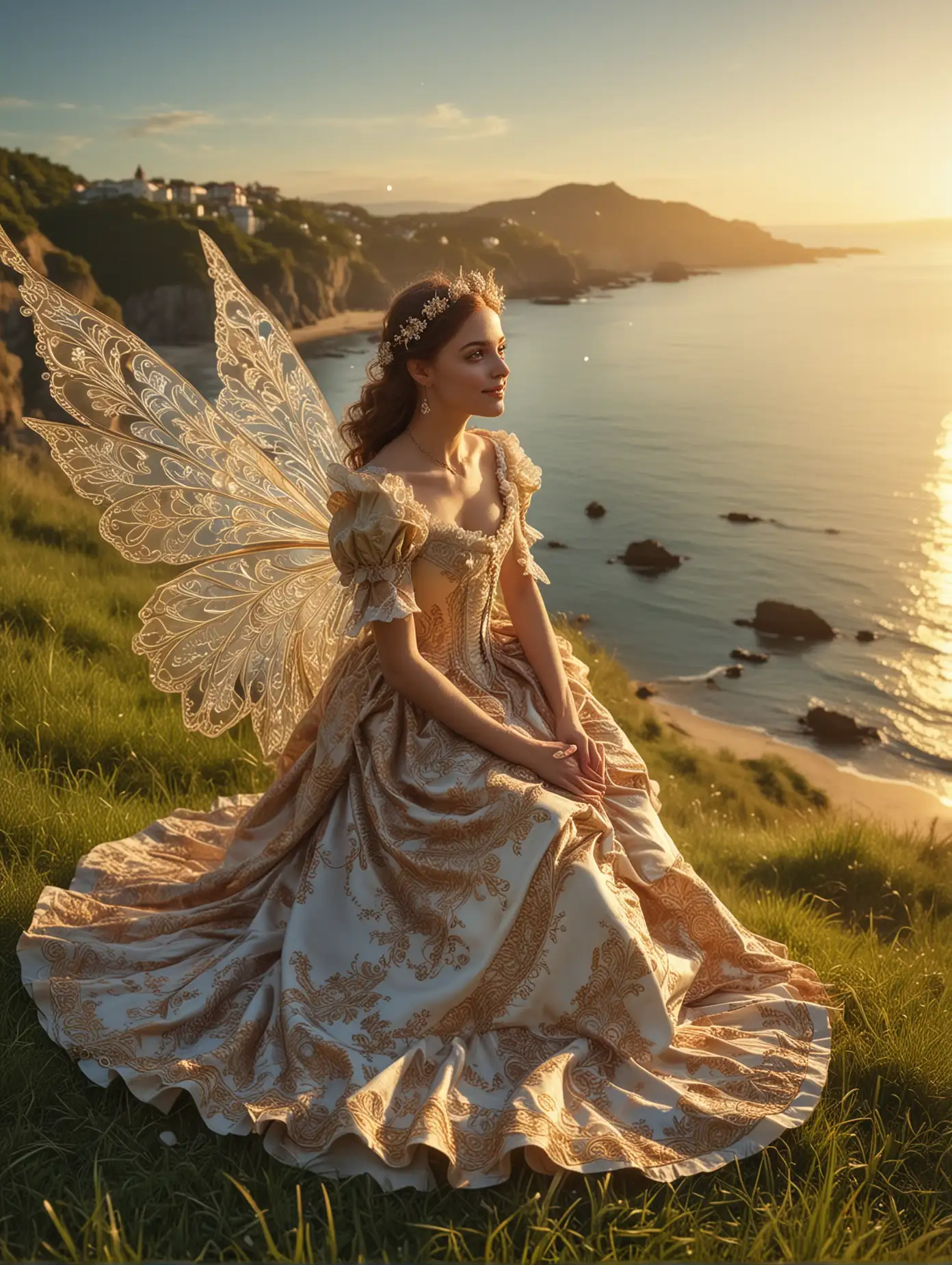 a beautiful fairy with majestic wings, wear a victorian baroque dress with intricate baroque pattern, sitting on grass land on the hill, with beach and small islands with sunrise on the backgrounds, looking back and smile. dynamic effect, Frontal shot from top to bottom. Dynamic photography, movie quality, multi-angle light sources