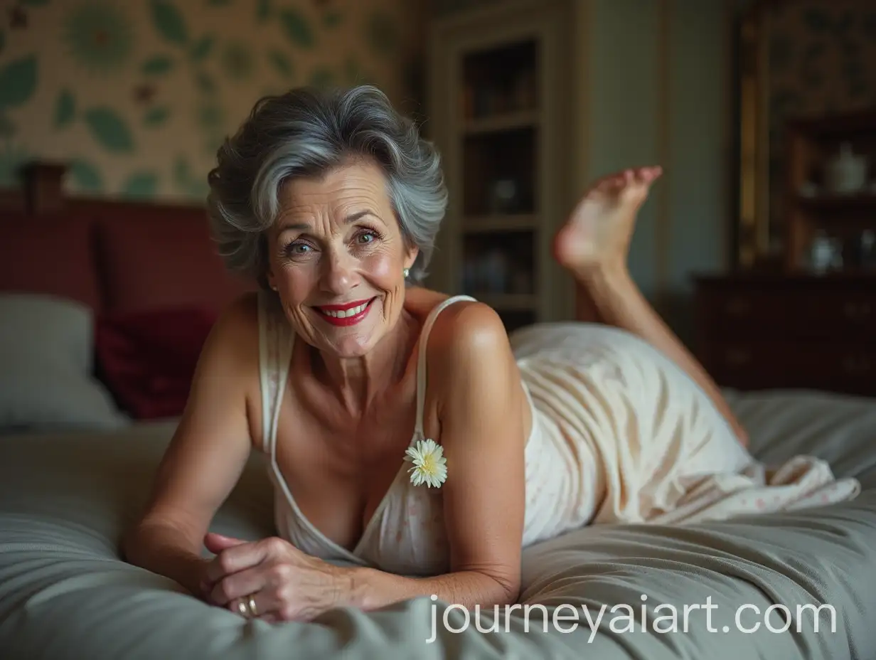 Elegant-70YearOld-Woman-in-Nightgown-with-Flower-Smiling-and-Relaxing-on-Sofa