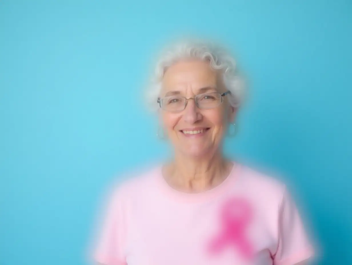 Portrait of confident smiling senior woman wearing pink t shirt with pink ribbon isolated on blue background. Health care, support, prevention. Breast cancer awareness month concept