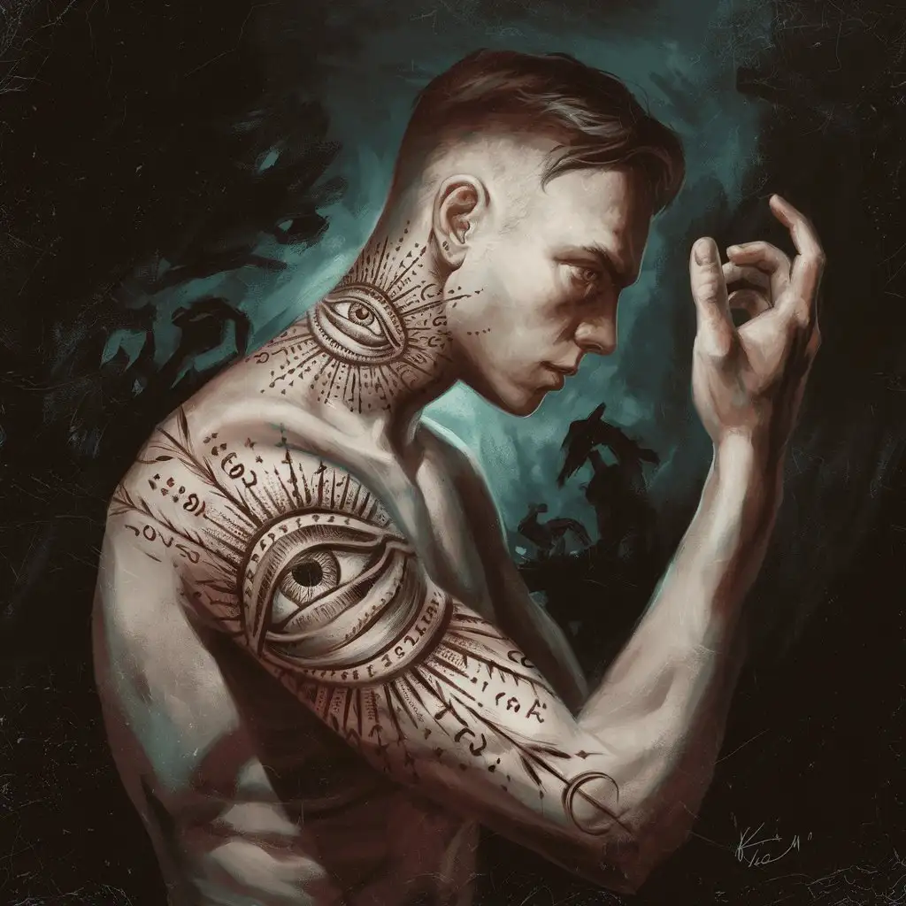 Eldritch Tattoo of Runes and Eyes on Neck and Arm