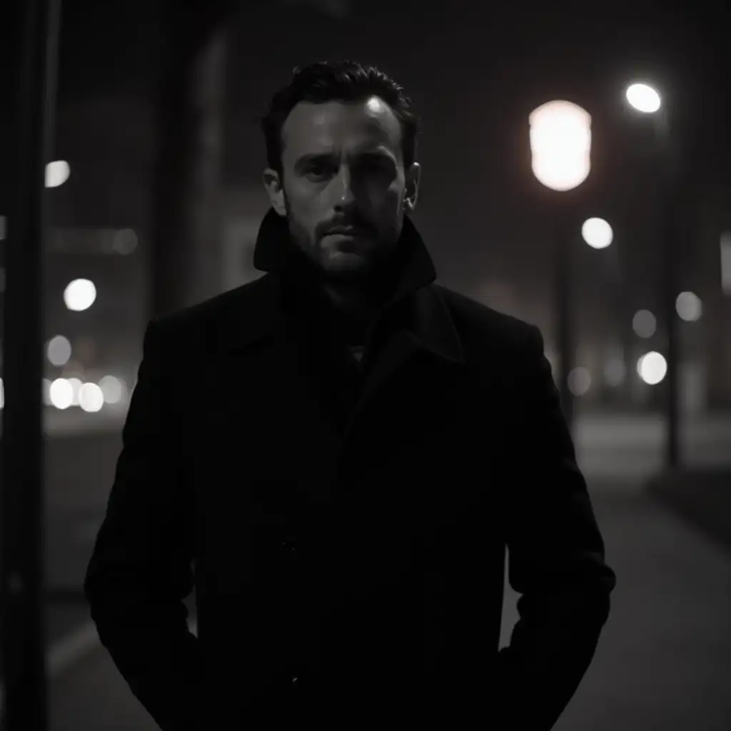 The man is facing the camera, but his face is hidden in the shadows due to low lighting. He is wearing a black coat with a high collar slightly pulled down so that his facial features remain invisible. His arms are relaxed at his sides, one hand partially hidden in his pocket. The background is blurred, the outlines of a city night street with a neon sign are barely discernible, which slightly highlights the figure, but does not reveal details.