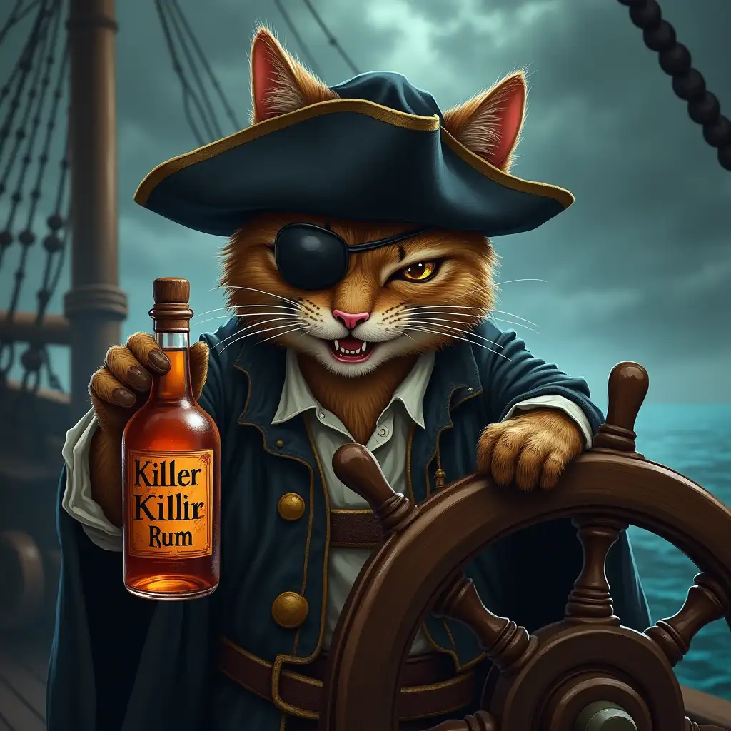 evil cat pirate, he has an eye patch, he smiles, he holds the wooden steering wheel of a pirate ship, he has a bottle of rum in one paw, on the bottle is the inscription killer rum, in the background is a storm