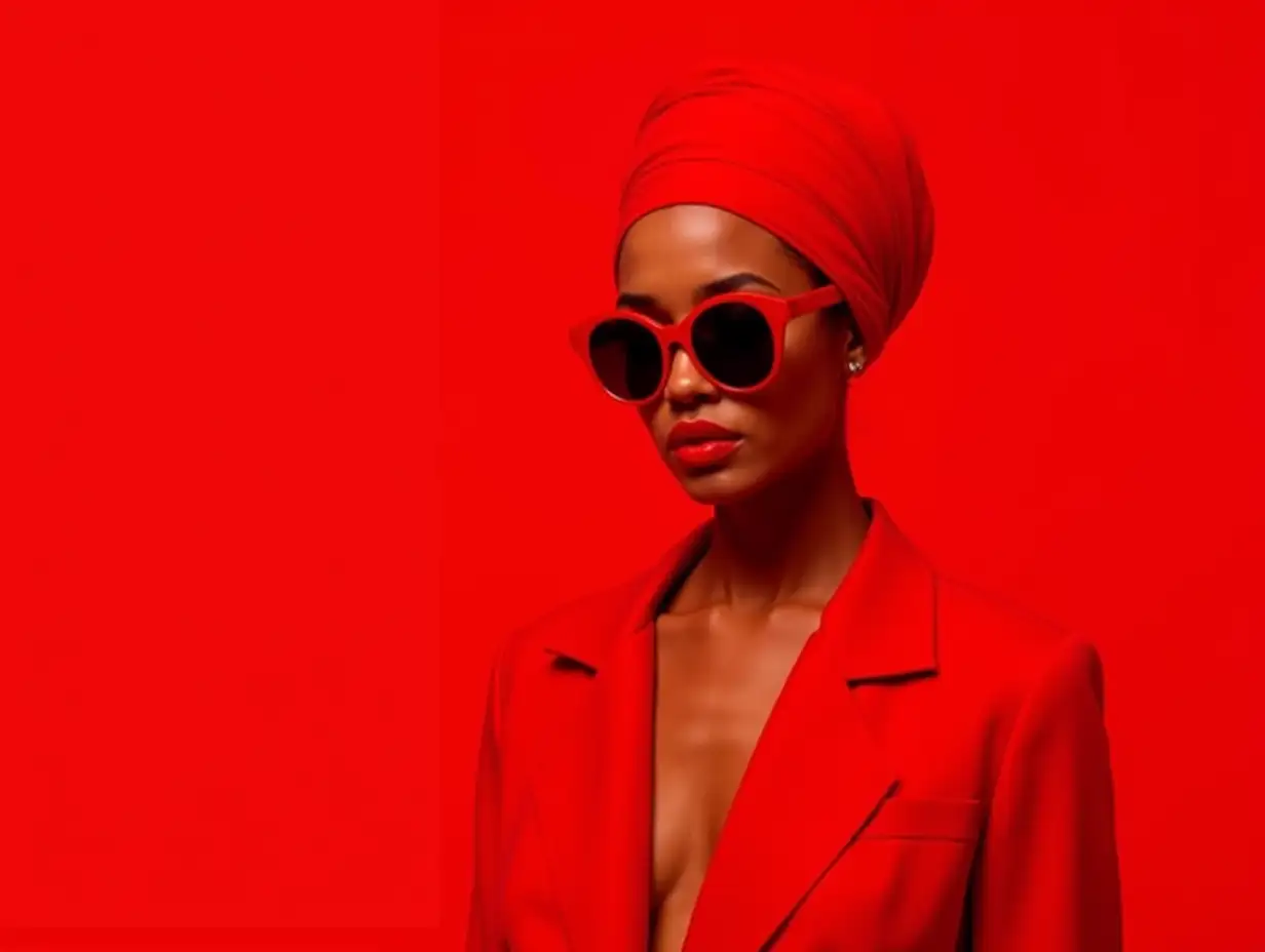 Stylish woman wearing red sunglasses and a headwrap, dressed in red against a red background, embracing monochrome fashion and bold color contrast