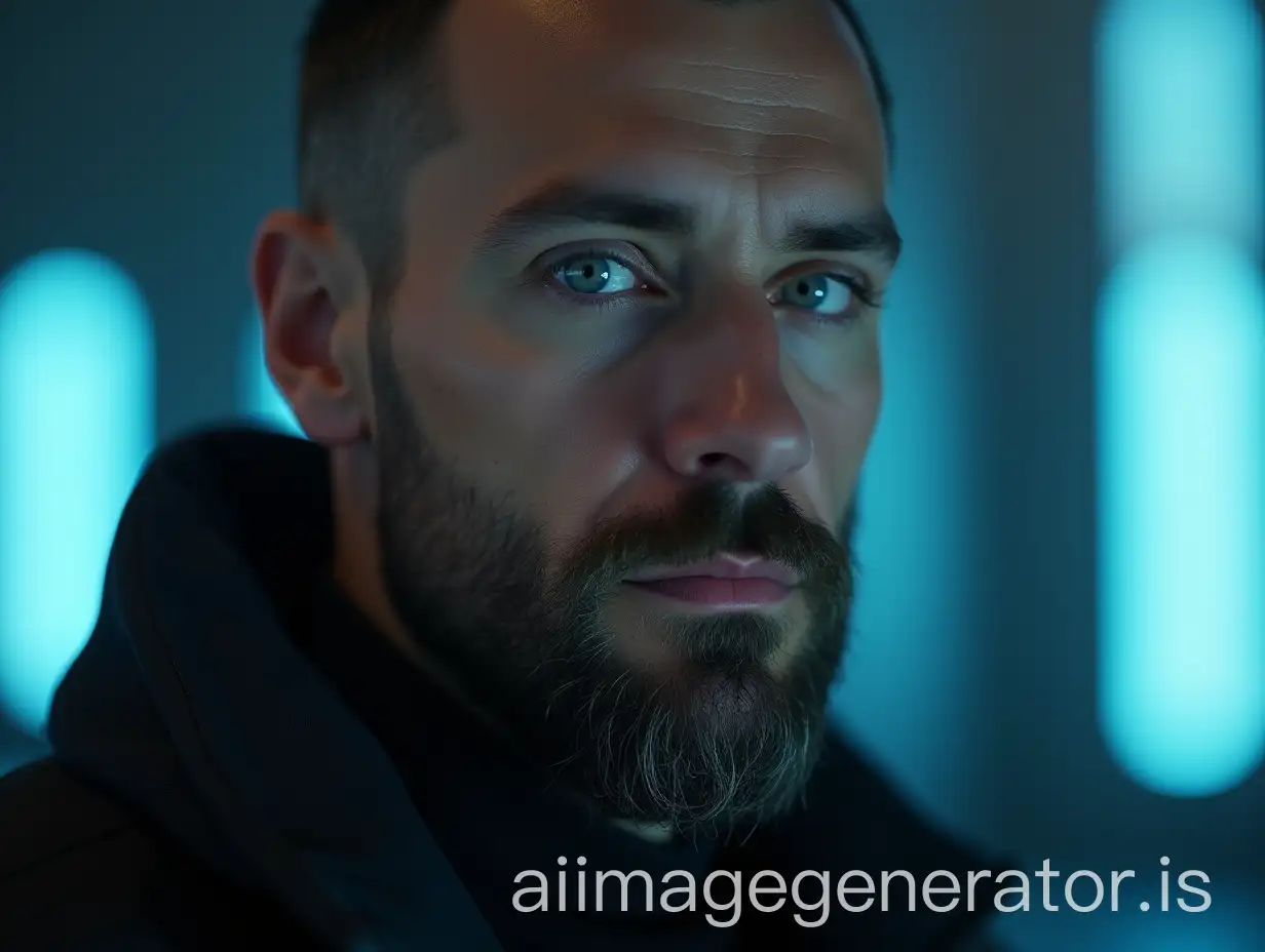 man, in his late 30s, blue eyes, subtle full-beard, futuristic, futuristic elegance, retro-futurism, neo-cyber, subtle tones, cinematic view, cinematic positioning, cinematic lighting, neo-cyber, 4k , photorealistic