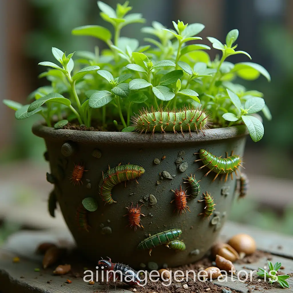 Ugly-Pot-with-Herbs-Infested-by-Caterpillars-and-Bugs