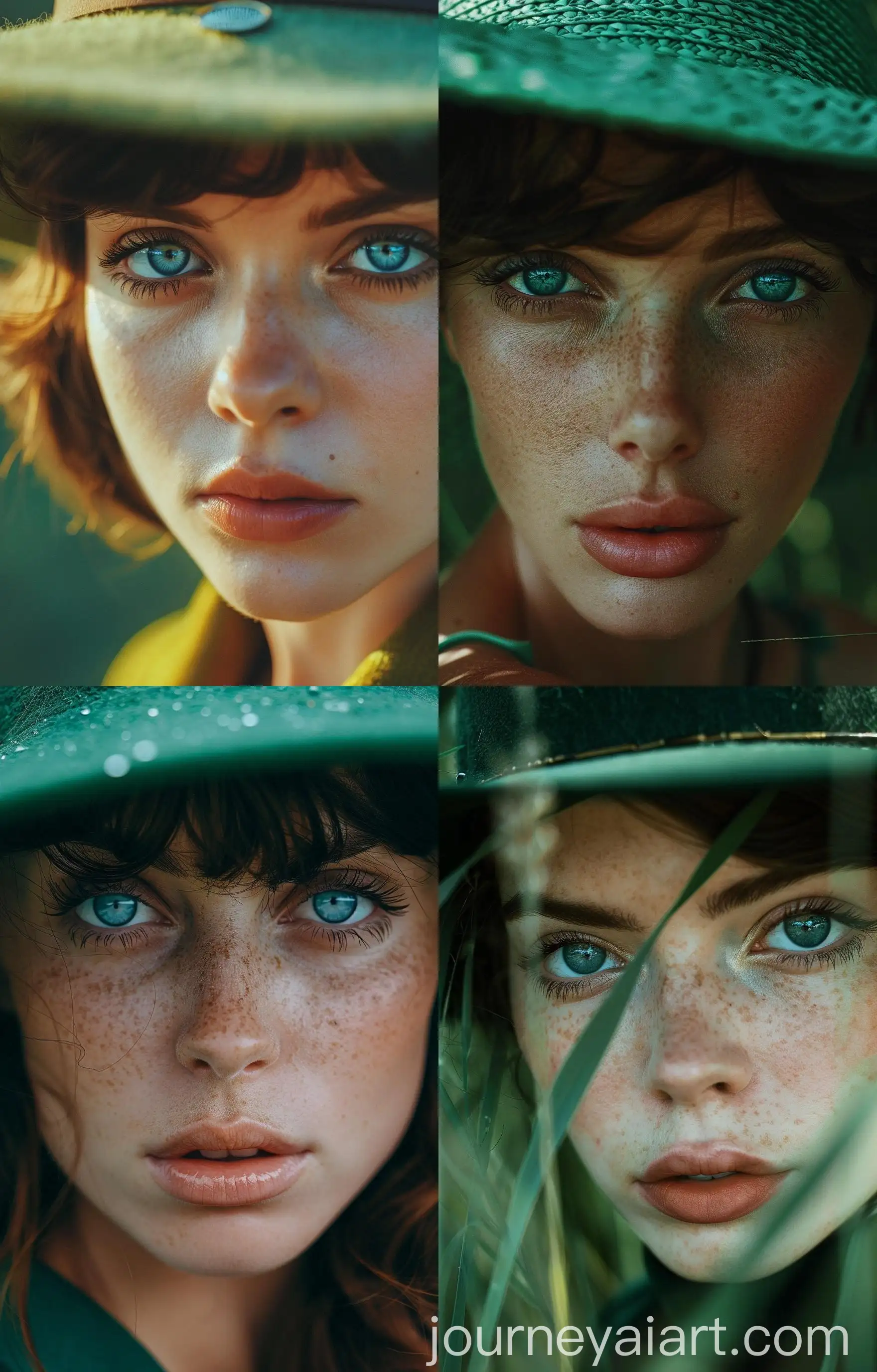 Hyperrealistic-Portrait-of-a-Woman-in-a-Green-Hat-with-Blue-Eyes