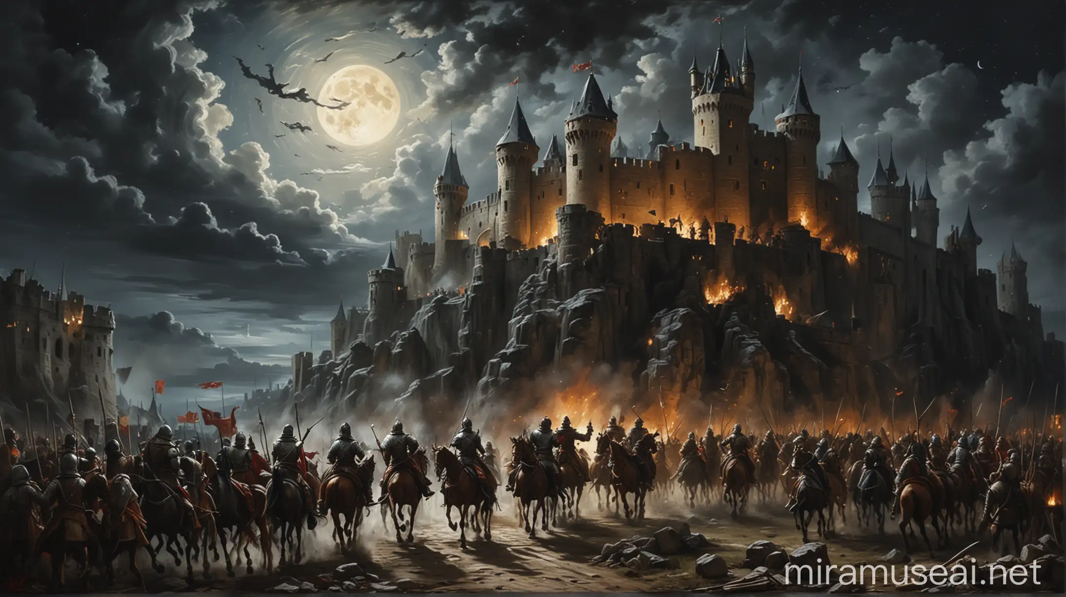 Medieval Battle Scene Renaissance Oil Painting of Moonlit Castle Conflict