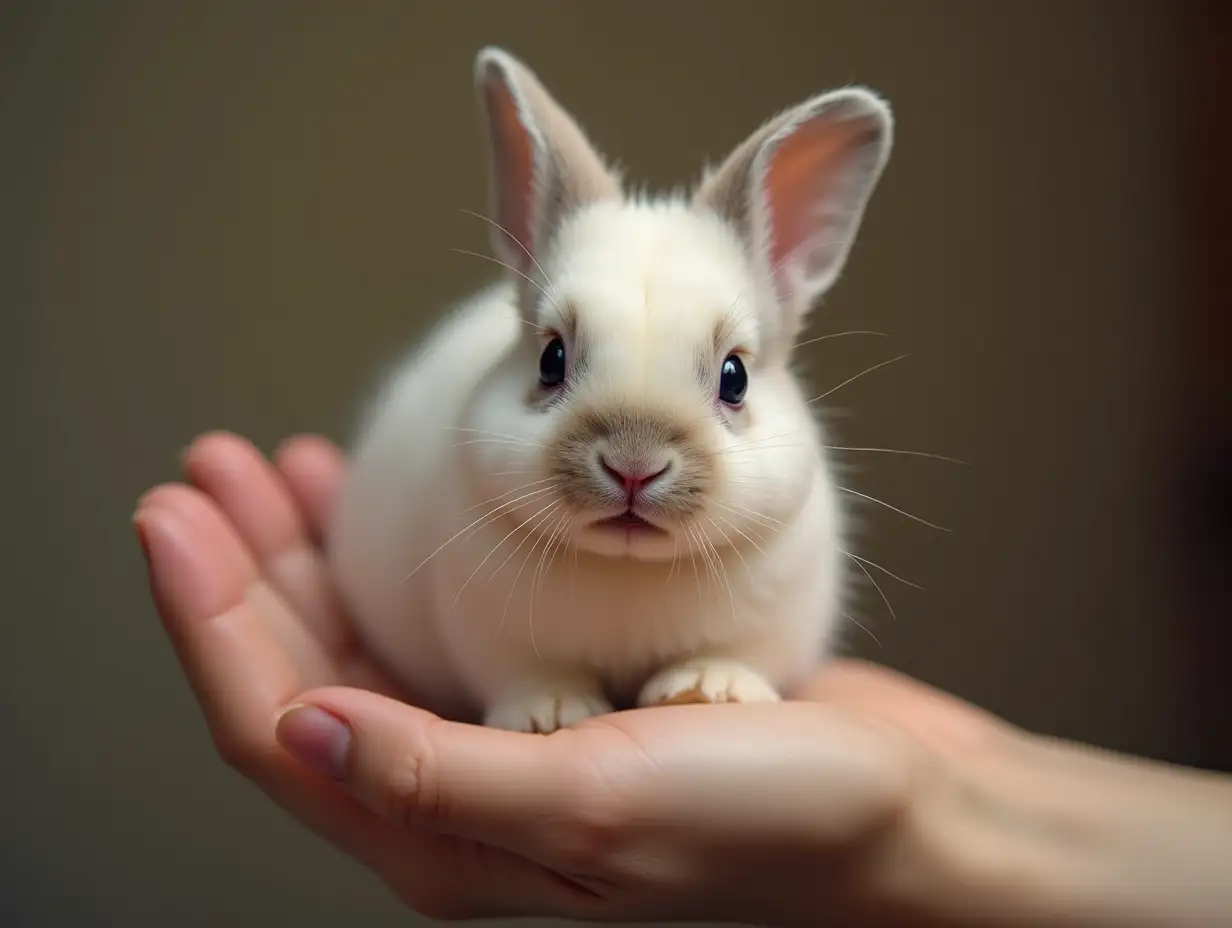 A small and cute rabbit that is sad, sits on a human's hand. The rabbit's coat is soft and fluffy, and there is a little sadness and love in its eyes. Its mouth has a faint smile, but it only expresses some calm and a bit of anxiety. The human's hand is shown, with the rabbit's body comfortably resting, and their face filled with love and gentleness, as if understanding the rabbit. The scene is illuminated by soft and warm light, showing an emotional connection between them. In the background, there is a simple and peaceful environment that gives the whole scene a calm and comforting feel.