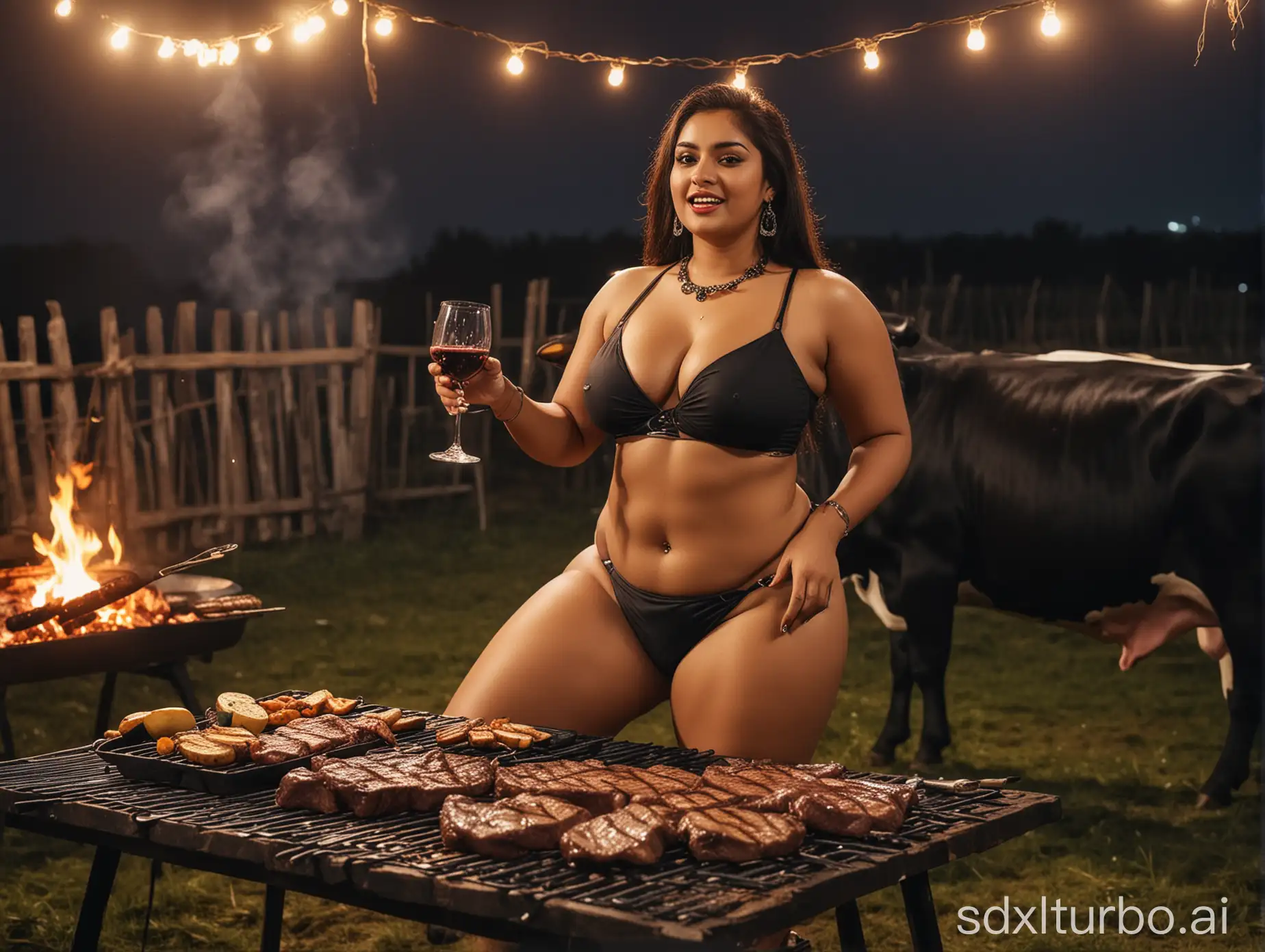 Indian-Woman-Enjoying-Barbecue-Steak-and-Wine-Outdoors-at-Night