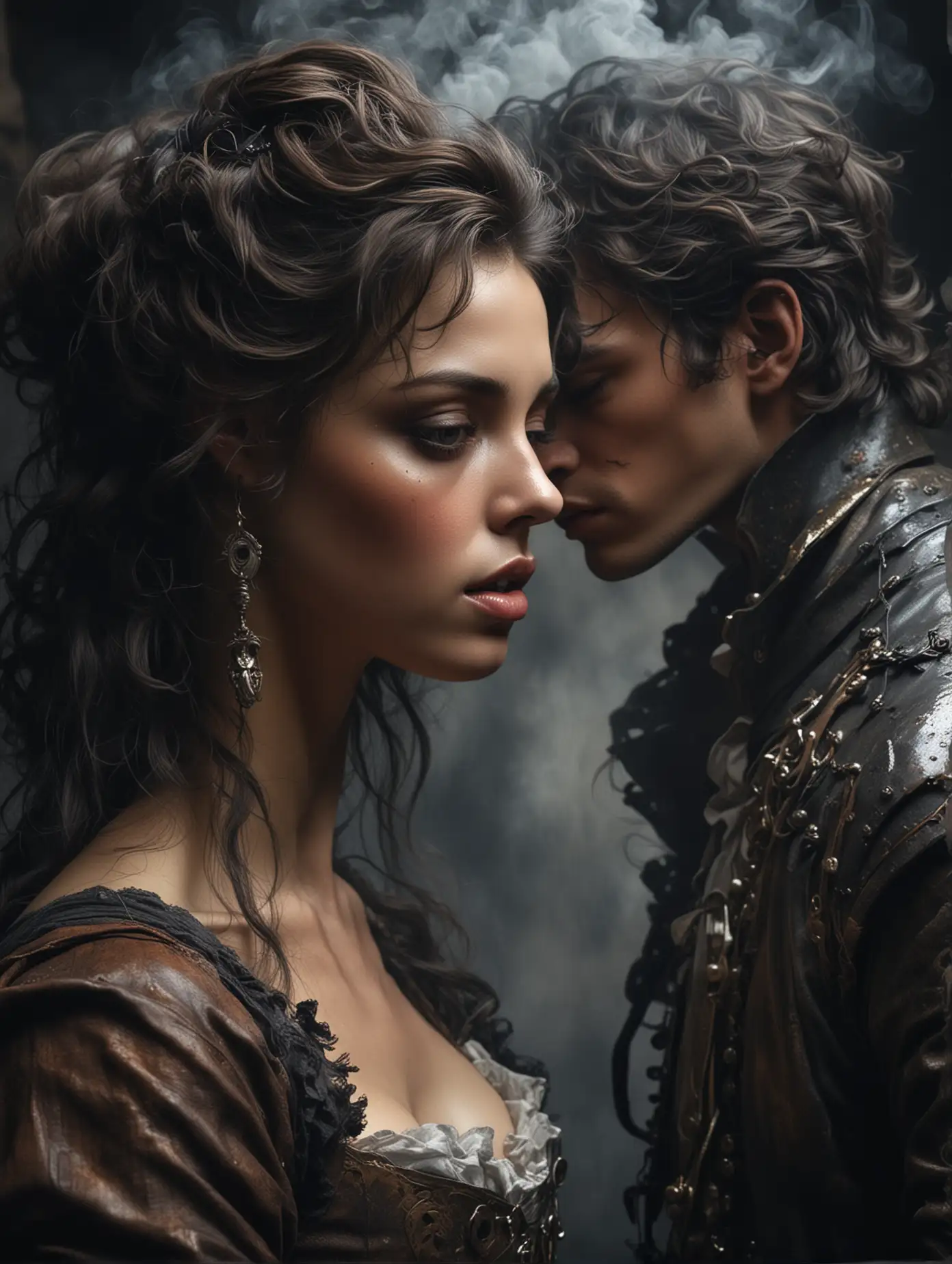 Make exactly like the image, a beautiful woman head to head with a young men like the image; Louis Royo art in a dark 17 century forge; dark misty atmosphere, air filled with smoke in the background, very close view of their faces, high-detailed, photo realistic picture