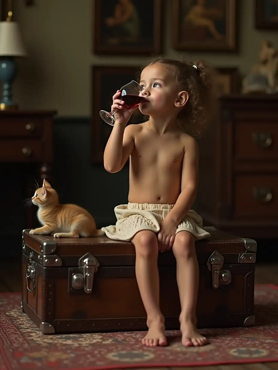 Little-Italian-Girl-with-Kitten-Drinking-Wine-in-Antique-Shop