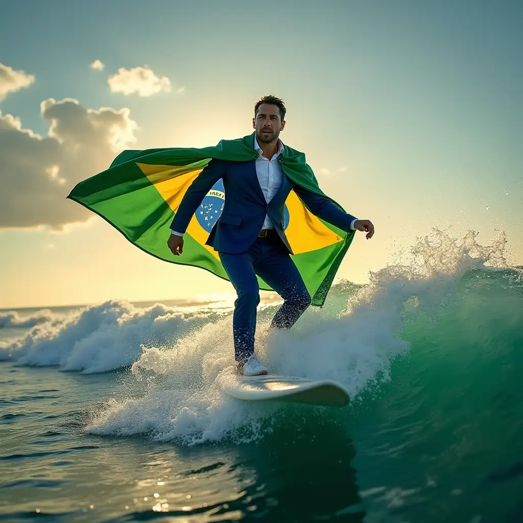 Make a realistic, frontal photo image of the Brazilian super president in a blue suit and pants, white shirt, with a Brazilian flag cape dramatically surfing the starry green, white and blue sea at sunrise (green, white and blue water) green water, red waves, red ocean, green wine sea.