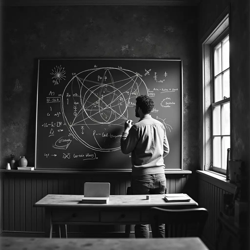 Kirkadelle-in-Black-and-White-with-Hyperspace-Window-and-Axiom-Symbols-on-Chalkboard