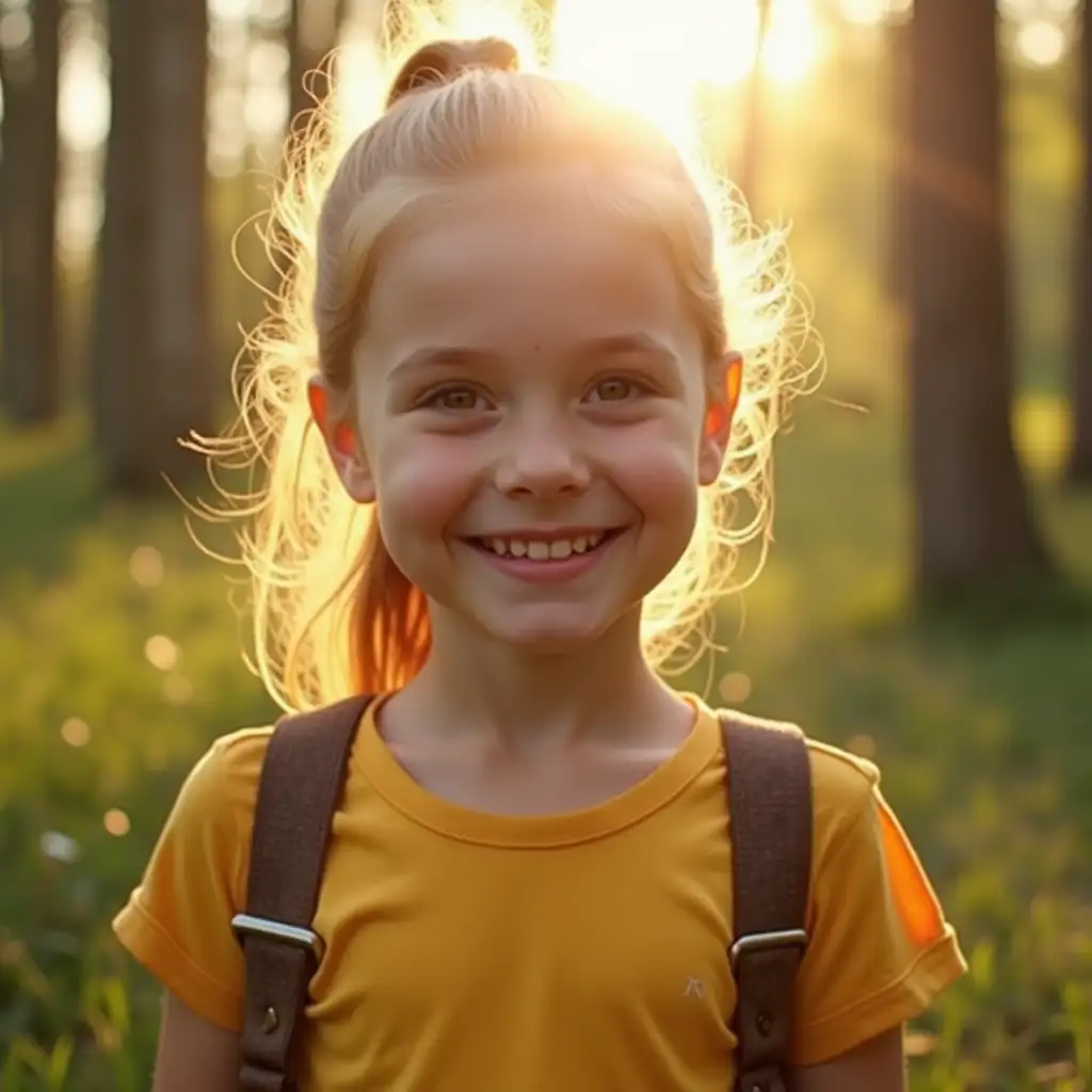 Smiling-Tween-Girl-in-Forest-with-Sunshine-and-Ponytail