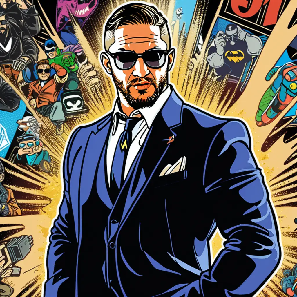 Tom Hardy in a Black Suit with Sunglasses in Retro Gaming Artwork