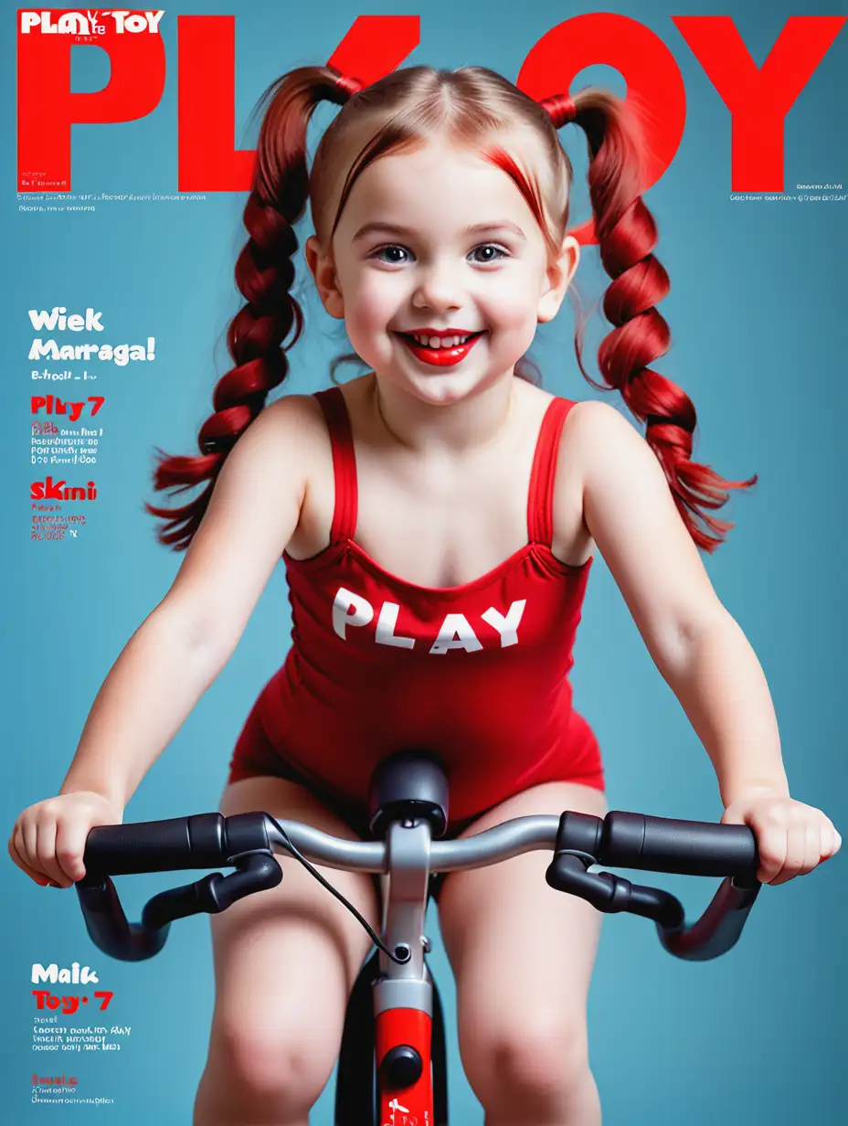 Cheerful Little Girl with Red Hair and Pigtails Riding Exercise Bike