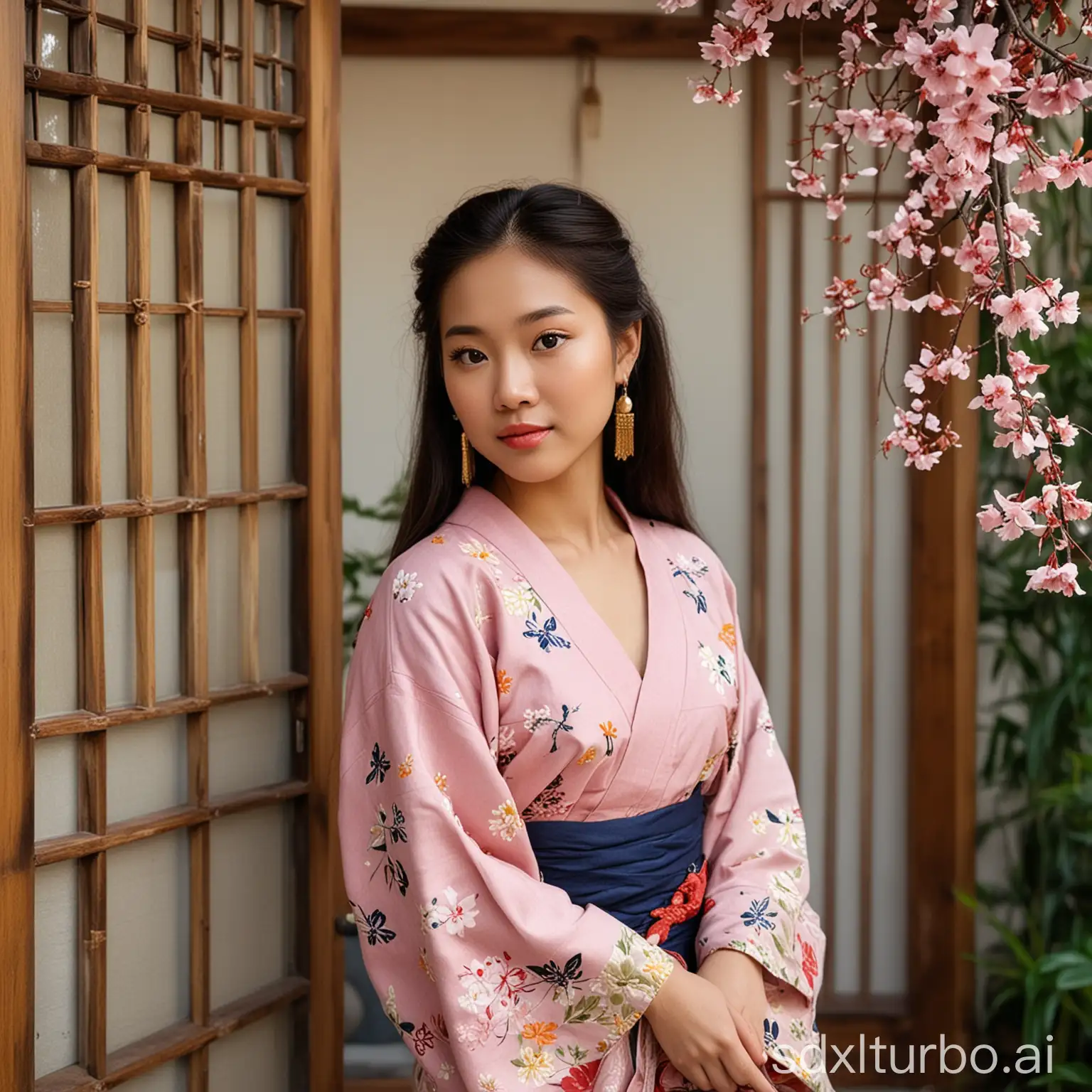 young Asian woman, 20s, mixed Japanese-Filipina, golden-brown skin, heart-shaped face, almond hazel and brown eyes, soulful gaze, full pink lips, long jet-black hair, floral hairpins, jasmine garland, serene expression, traditional beauty, Filipiniana dress, kimono fusion, embroidered butterfly sleeves, piña fabric, native flowers, earthy skirt colors (crimson, gold, indigo), Japanese textile patterns, beaded earrings, moon and bamboo necklace, lush garden courtyard, wooden sliding doors, stone lanterns, capiz windows, cherry blossoms, sampaguita vines, paper lantern light, barefoot or wooden sandals, koi pond, folded fan, woven banig mat, Baybayin and Kanji poetry book, timeless, natural, cultural pride