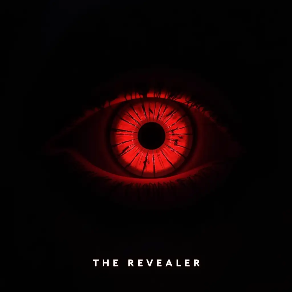 A high-contrast YouTube profile picture, minimalist design: A single glowing red eye with a cracked iris, surrounded by dark shadows. The cracks reveal hidden documents and magnifying glasses inside the eye. Black background, neon red accents, hyper-detailed 8K resolution, cinematic lighting. Text: 'THE REVEALER' in bold white futuristic font at the bottom, with a subtle black outline