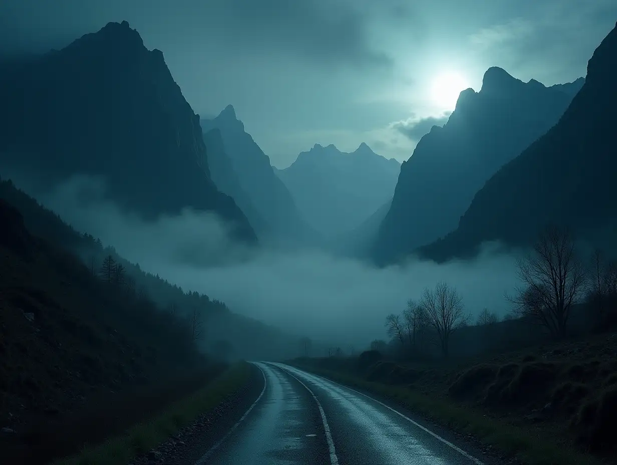 A winding and ramshackle road, wrapped in fog, extends through a valley surrounded by imposing and threatening mountains, their sharp peaks stretching towards the dark and ominous sky, with subtle notes of moonlight casting a strange glow, evoking a sense of mystery and discomfort. 