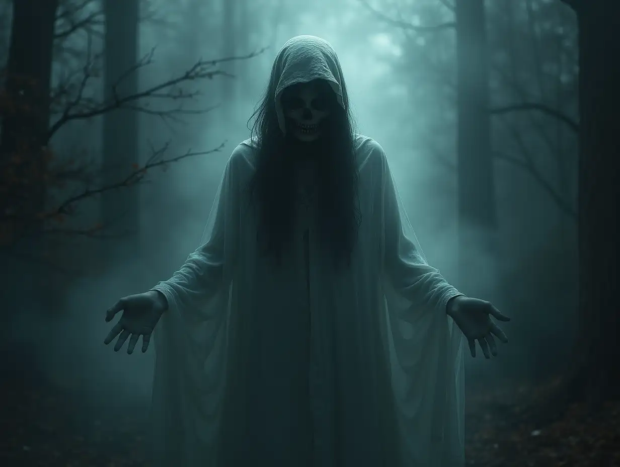 Eerie-Ghost-Girl-Amidst-Haunted-Halloween-Scenery