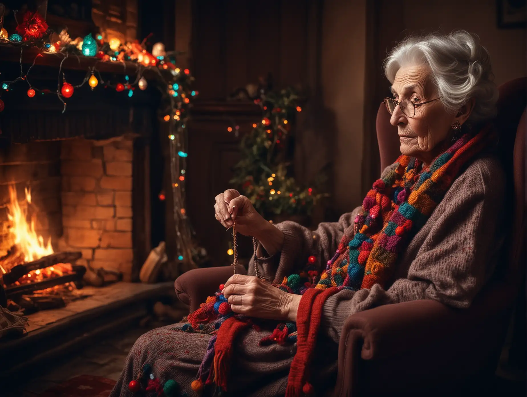 Delicate-Old-Lady-Knitting-by-Fireplace-in-Dark-Christmas-Setting