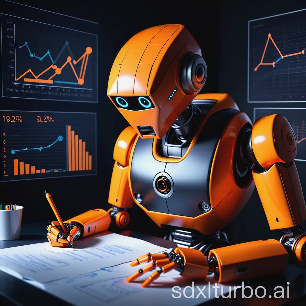 An orange robot writing a report in a dark room with bright graphs and statistics