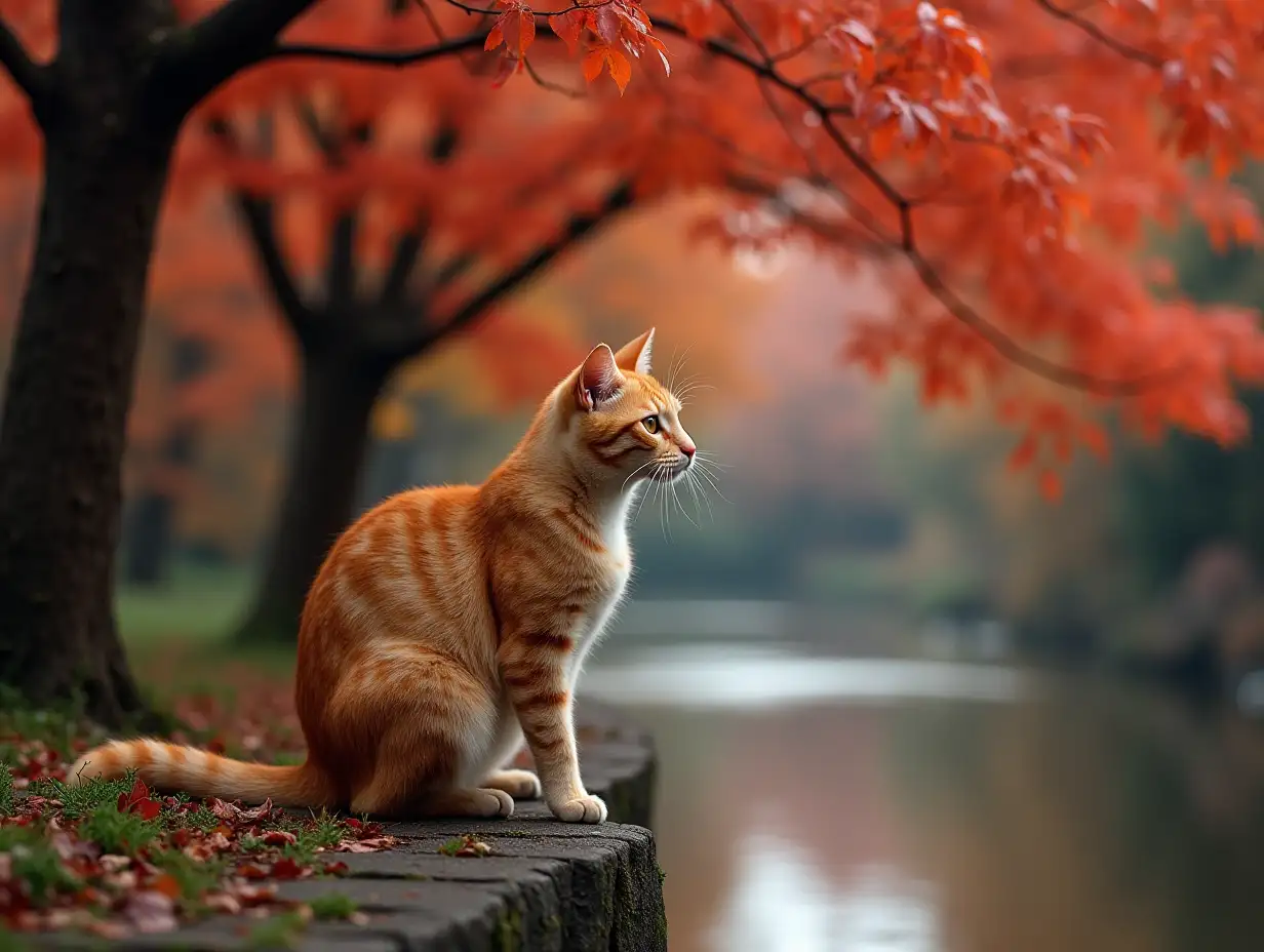 Tan-BiColor-Cat-in-a-Tree-with-Red-Leaves-by-a-Small-River