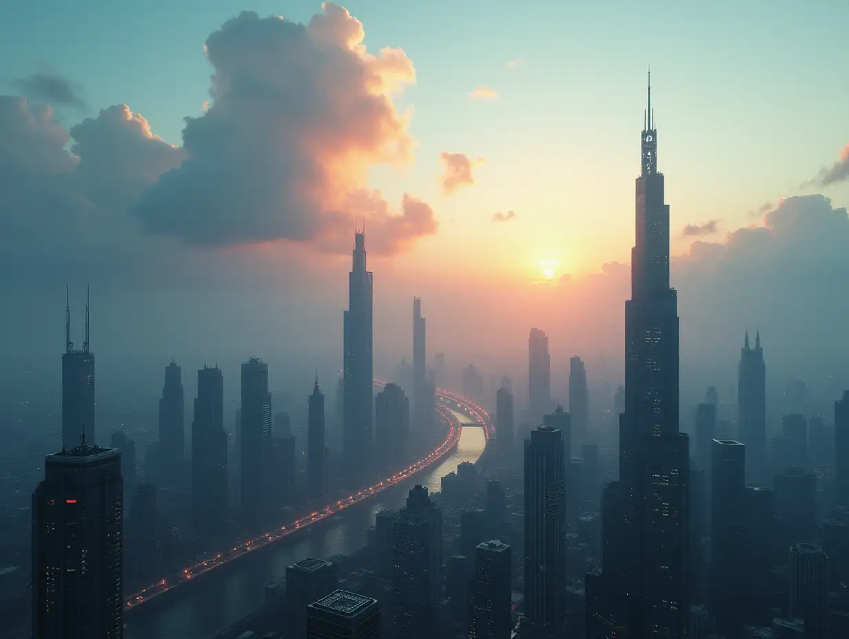 science fiction city slightly cloudy with 4K resolution