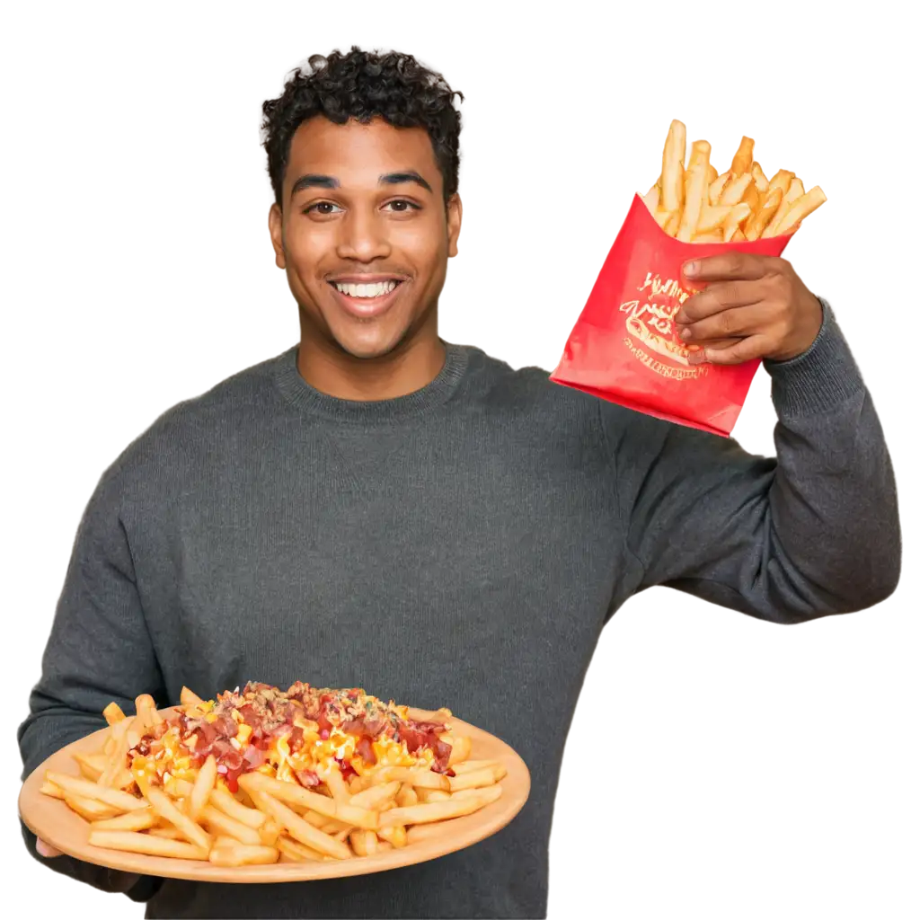 PNG-Image-Happy-Black-Person-Serving-Loaded-Fries-with-Cheddar-Bacon-Bits-and-Pepperoni