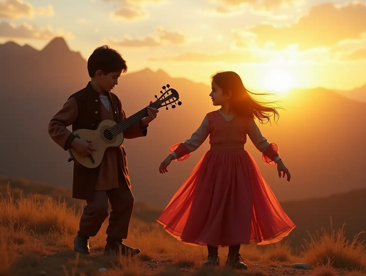 An Afghan boy and girl immersed in their cultural traditions: the boy masterfully plays the rabab, his expression serene and soulful, while the girl dances with elegance and vibrant energy. The backdrop is a mountainous Afghan landscape, bathed in the golden hues of a setting sun, capturing the essence of Afghan art and culture.