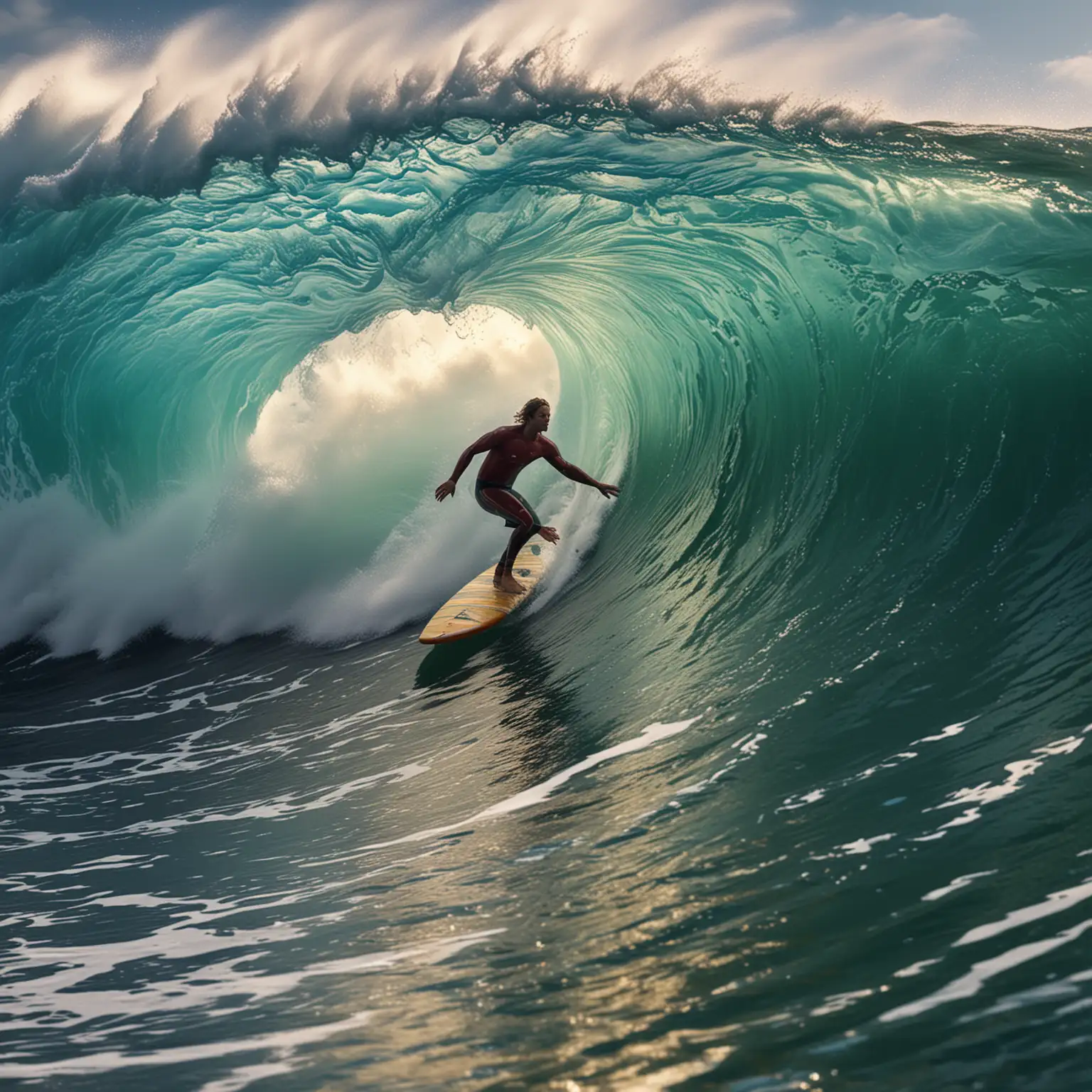 impressive big wave tube with a beautiful strong surfer riding a surfboard, full body, vibrant colors, photo-realistic, intricate, elaborate, hyper realistic, sports action photography, award winning, high detailed, high quality, digital photography, 8K, UHD, HDR