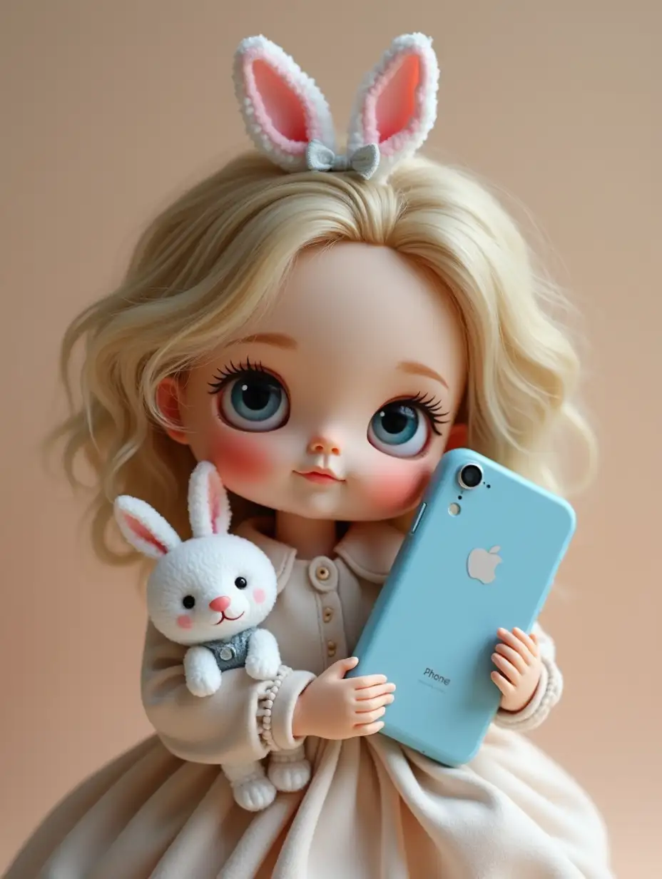 Doll with a rabbit and blue iPhone 13