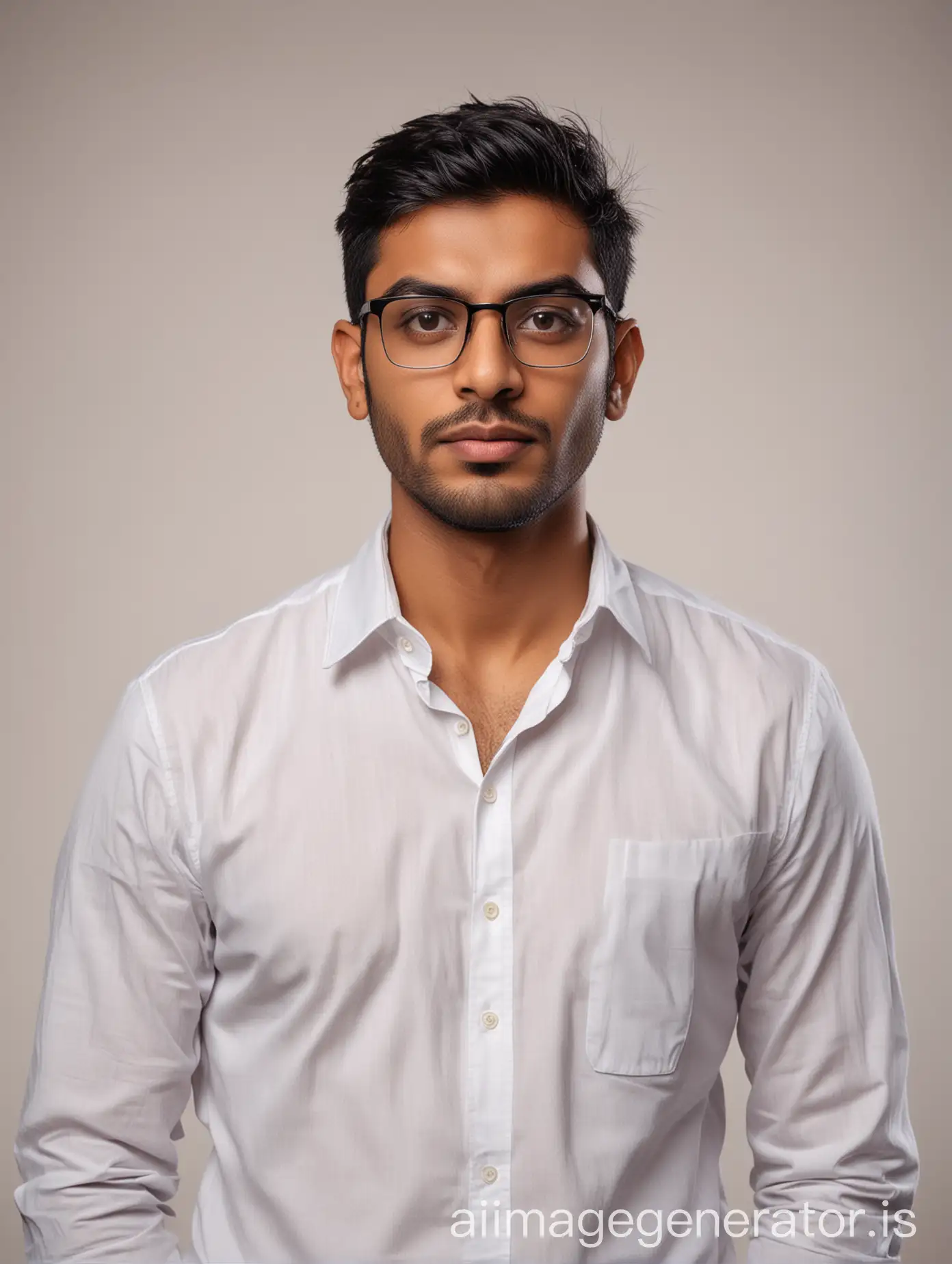 Handsome indian man, wearing eyeglasses and a white long sleeve shirt, posing for a passport photo. Head straight looking at the camera. Serious face.