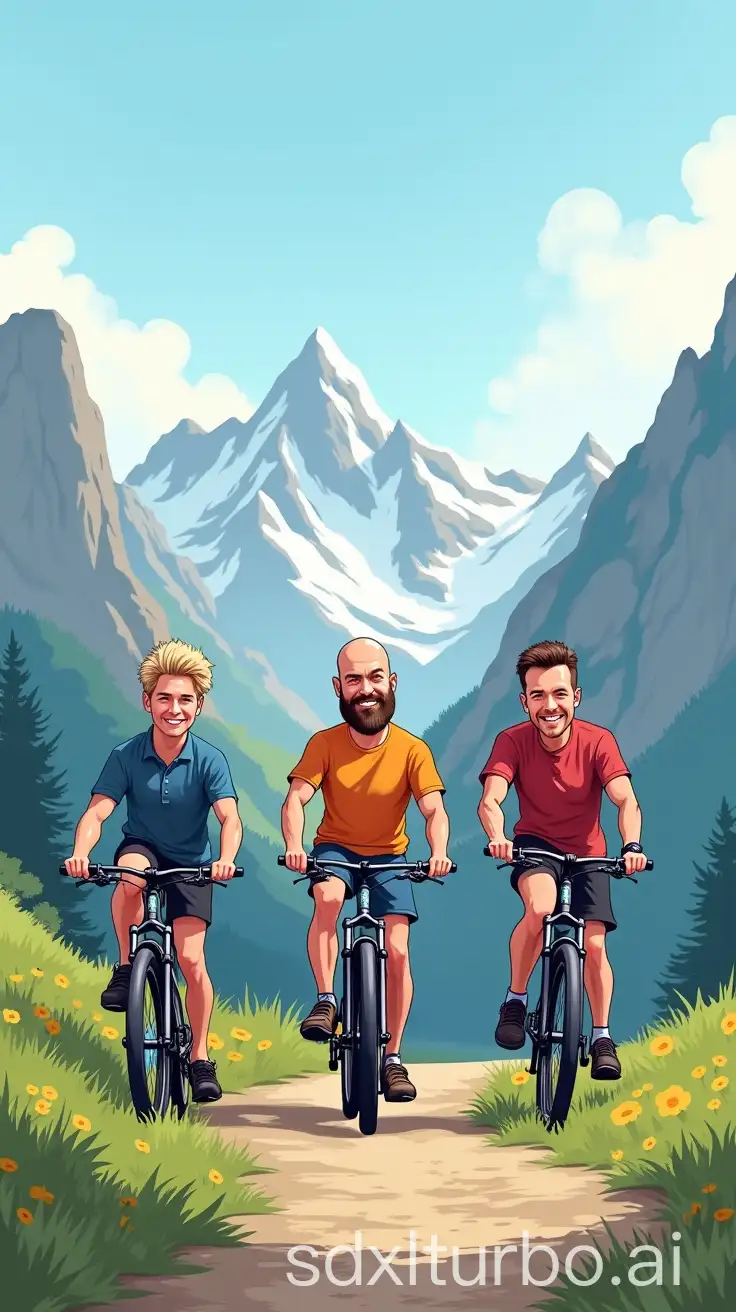 I need a voucher for a 30th birthday. A buddy and I want to spend a weekend with the birthday person crossing the Alps by mountain bike. For this we would provide them with a bicycle as a gift. The card should have some humor (maybe in the direction of a caricature), and depict the three of us each on a bike in front of an Alpine landscape. Additionally, the following text (not too prominent) should be on the card: '30, FACK! The bones are getting tired, the brain is becoming dull and the hair is screaming for Alpecin (at least with Eike). Well, at least almost adults now. Enough crying, let's use the last good days and do a small Alpine crossing! We would like to provide you with a real bicycle once (at least for a day 😃). All the best on your birthday, dear one! Celebrate well and enjoy the evening! XOXO'. One is blond, one is brunette, and one is bald, all male