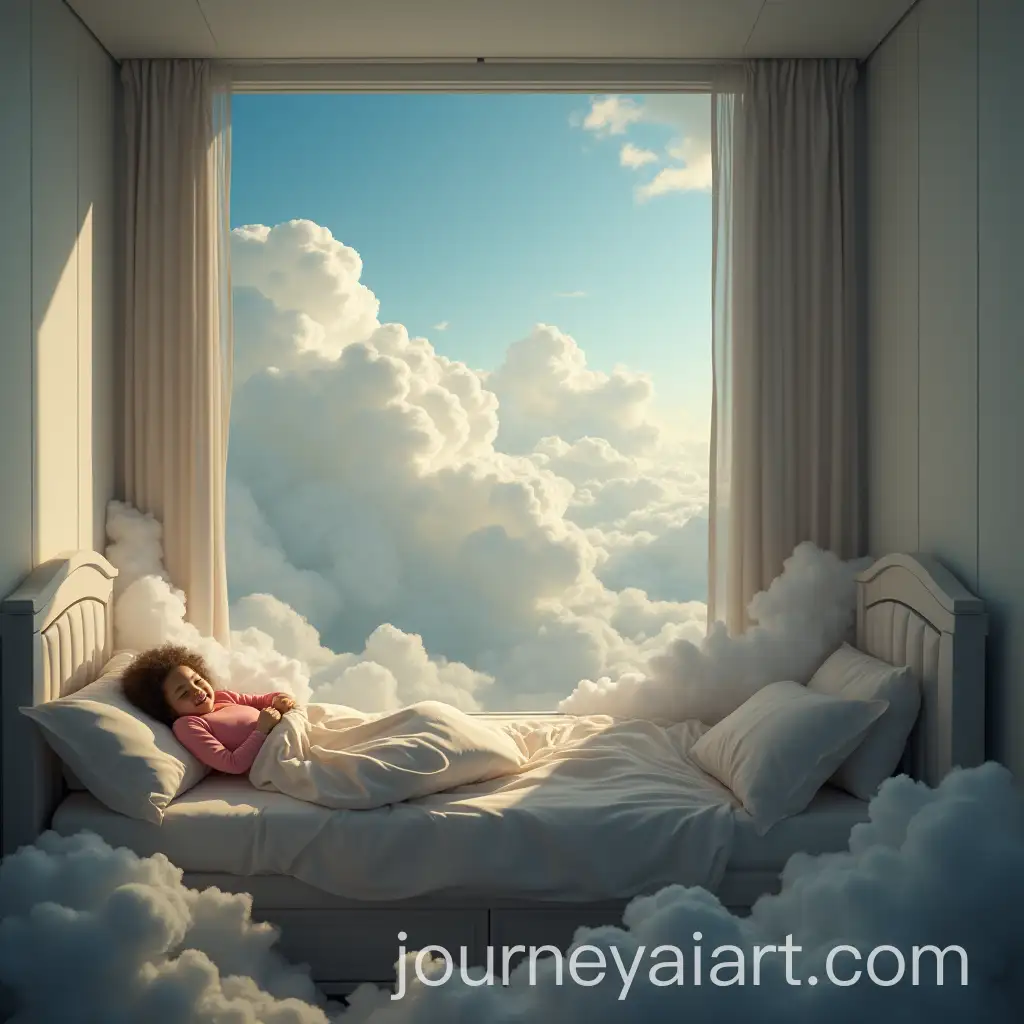 Happy-Girl-Waking-Up-in-a-Dreamlike-Floating-Bed-Surrounded-by-Clouds