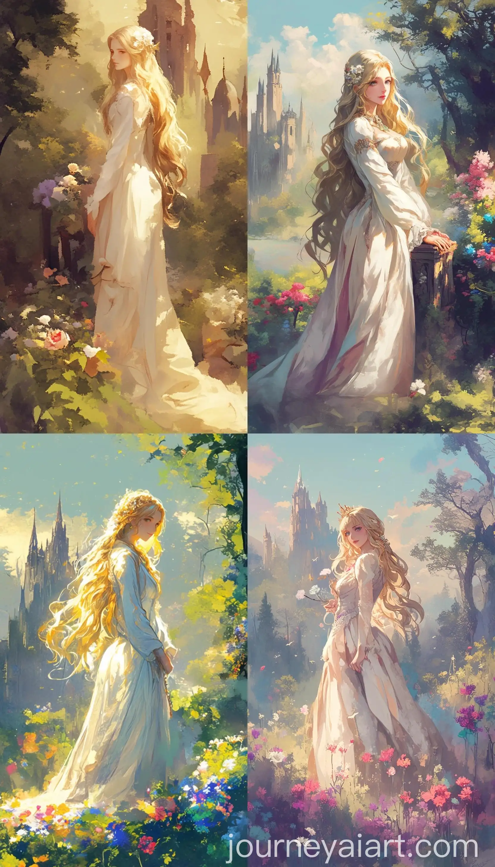 Blonde-Princess-with-Flowers-at-Castle-in-Forest
