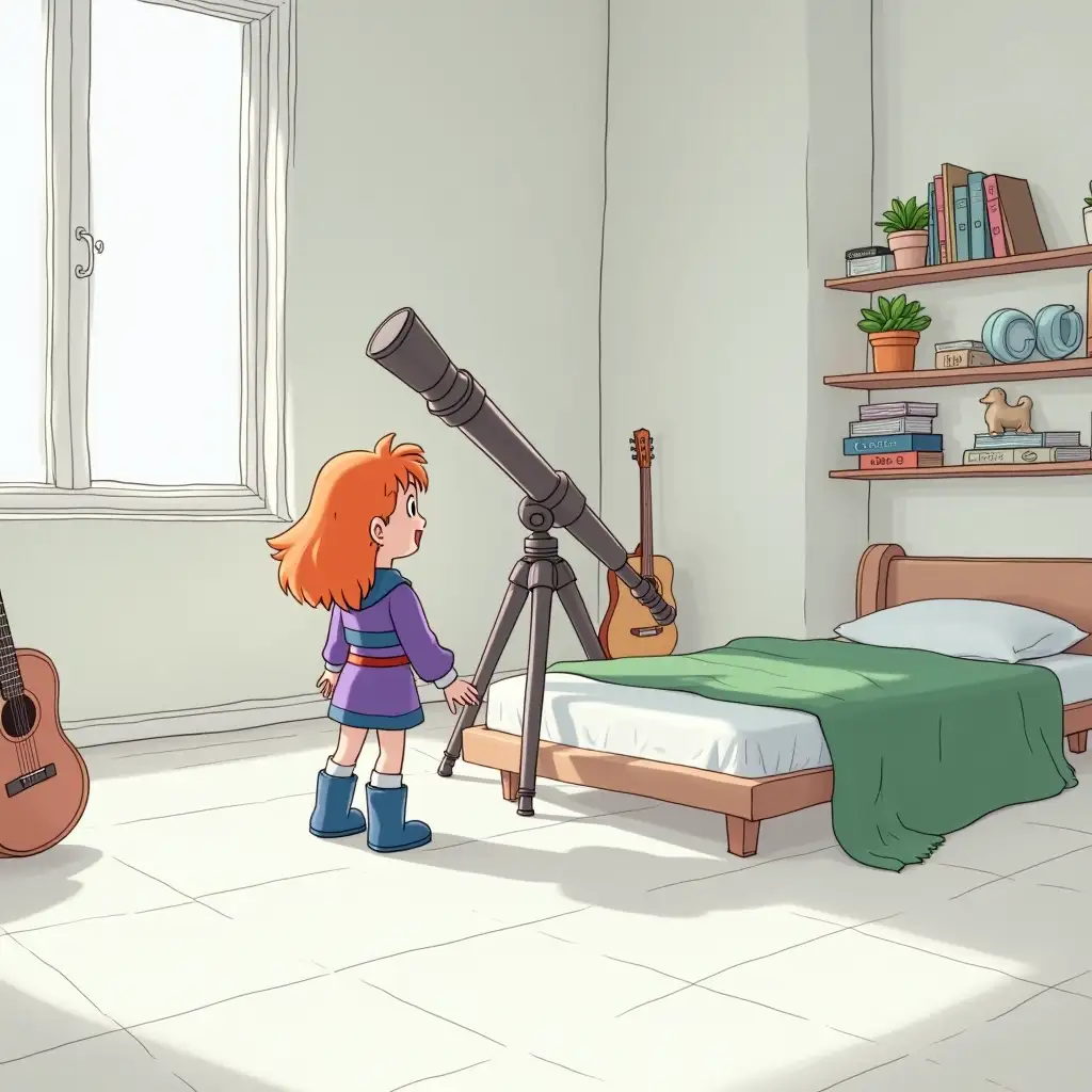 Young-Woman-Observing-the-Stars-with-a-Telescope-in-a-Cozy-Bedroom