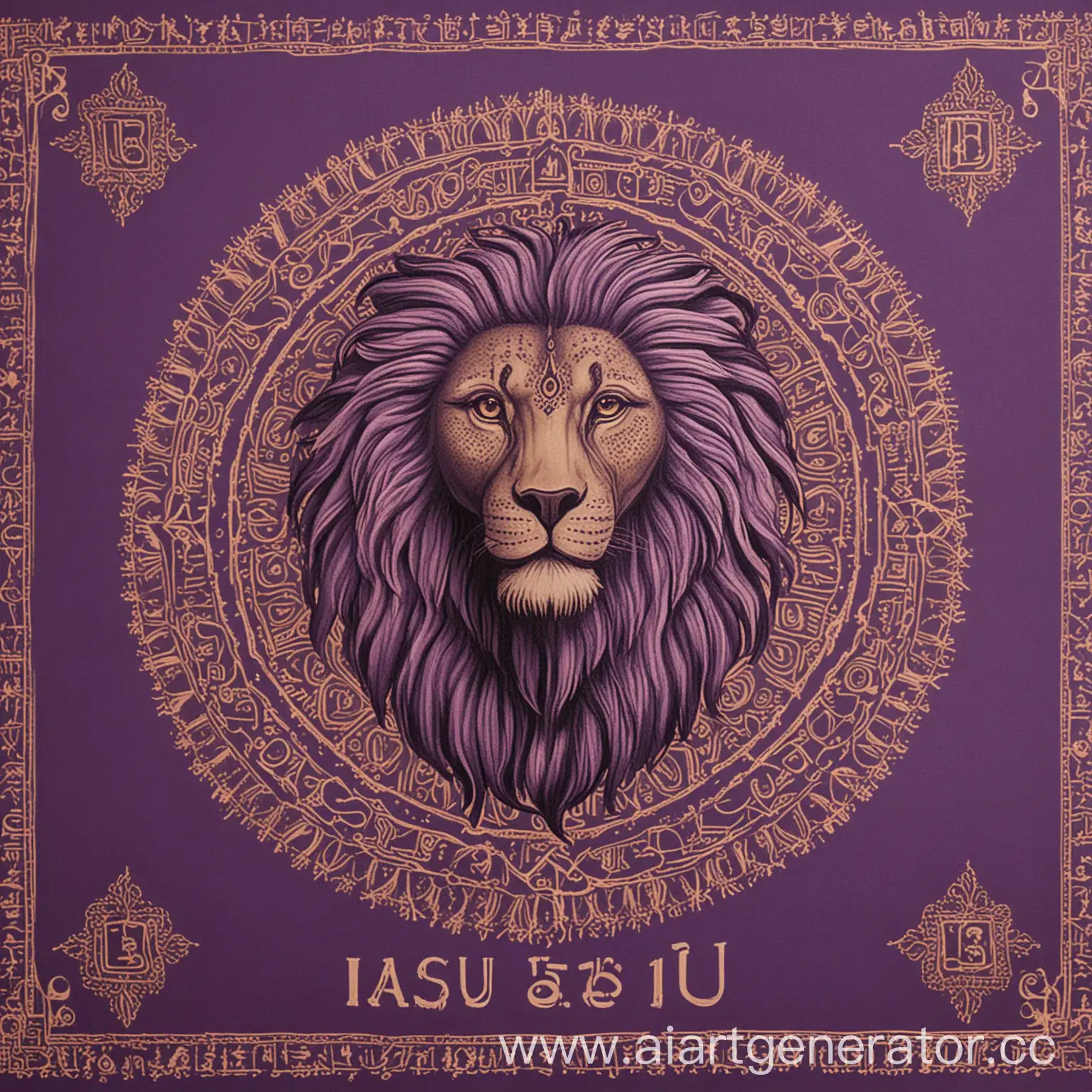 Lion-Symbol-of-Basu-on-a-Purple-Canvas-with-Indian-Patterns-and-Inscription