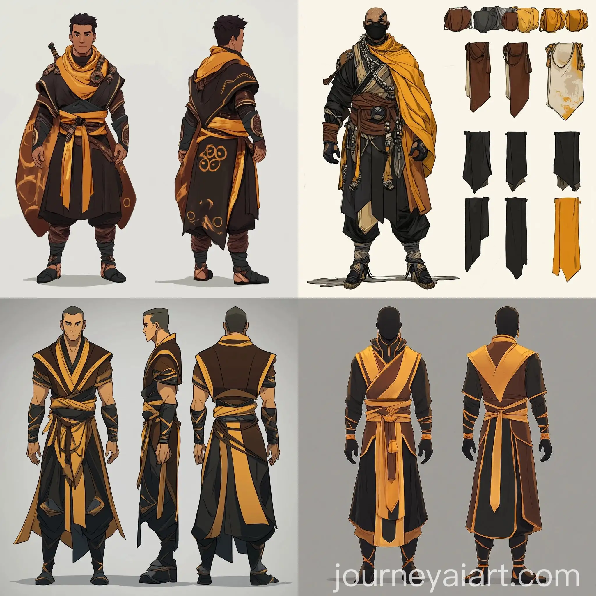 Monk-Man-in-Detailed-Black-Brown-and-Yellow-Costume-Cartoon-Stylization