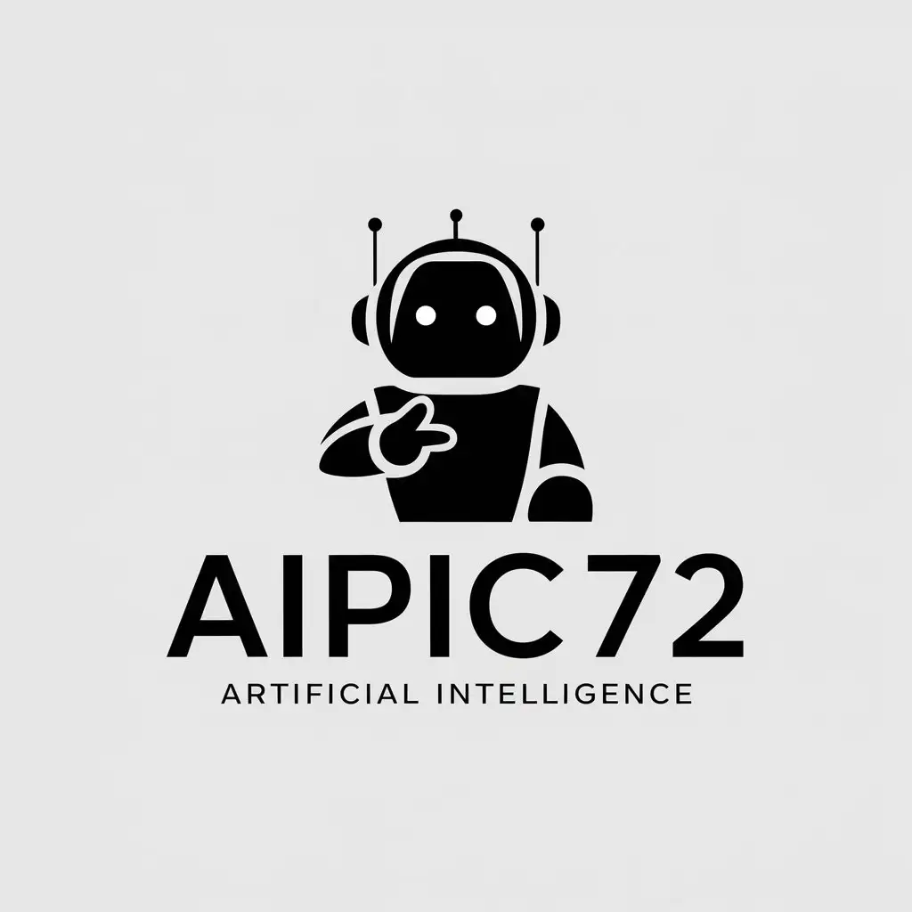 a vector logo design,with the text "aipic72", main symbol:is a  artificial intelligence robot that is pointing it to logo,Minimalistic,be used in Technology industry,clear background