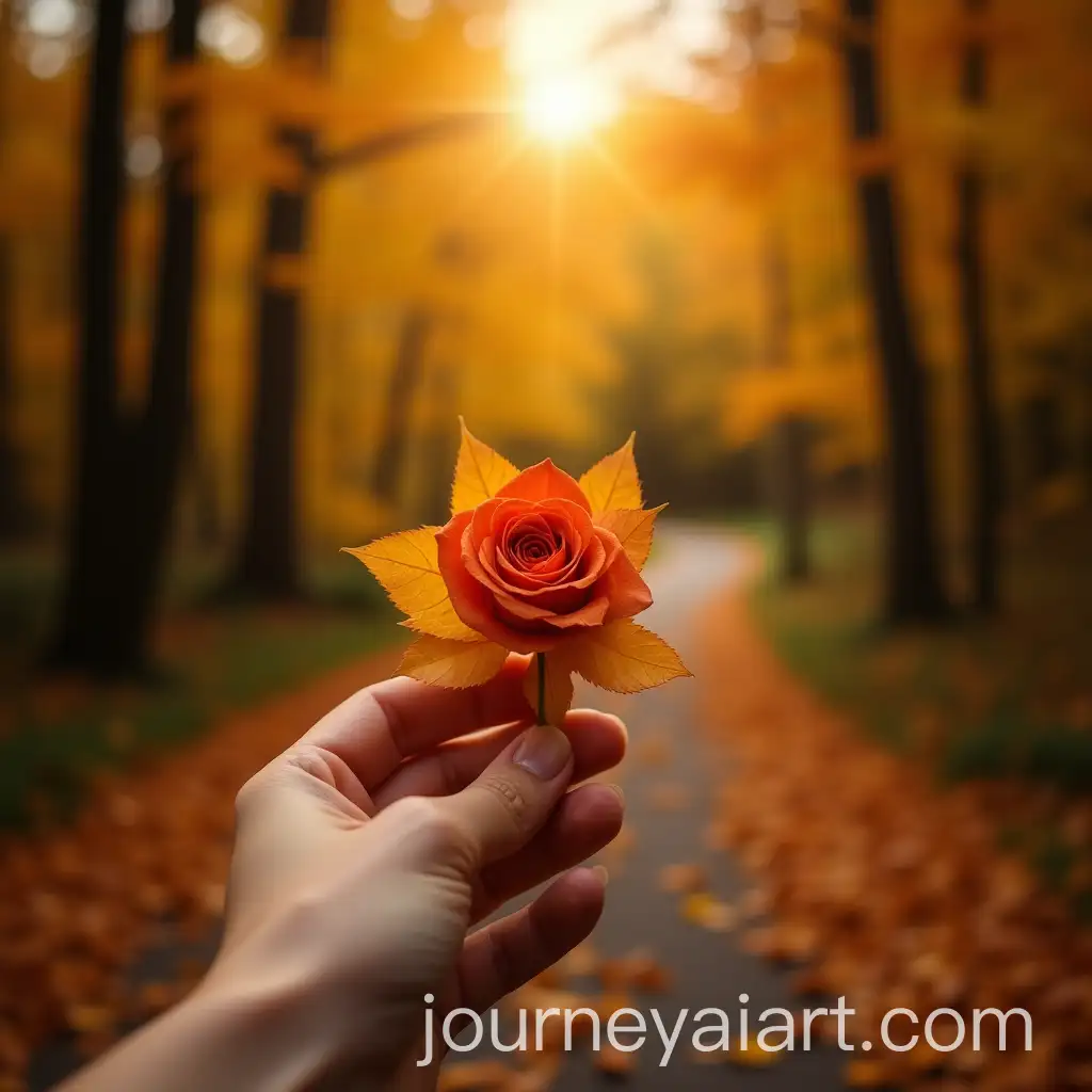 Hand-Holding-a-Rose-Made-of-Autumn-Leaves-on-a-Sunlit-Forest-Path