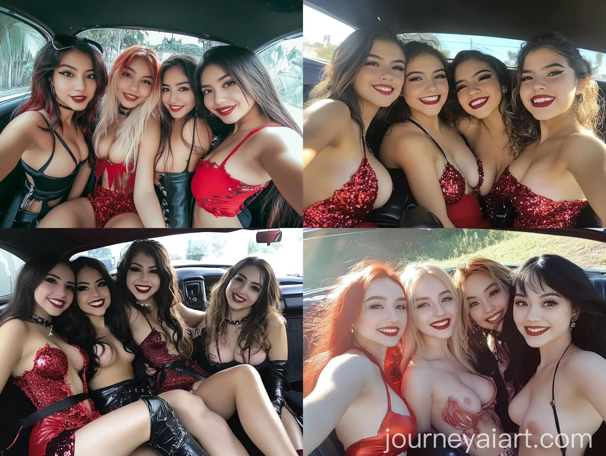 Four-Young-Women-Taking-Selfies-in-Convertible-Car-Natural-Photo-Style