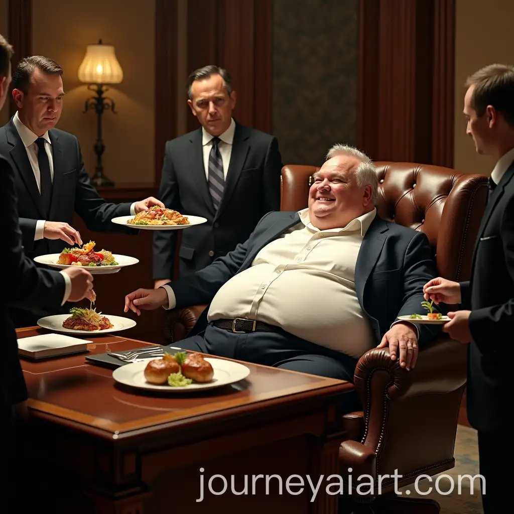 Luxurious-Office-Scene-Obese-Elderly-Man-Indulging-in-Gourmet-Delicacies