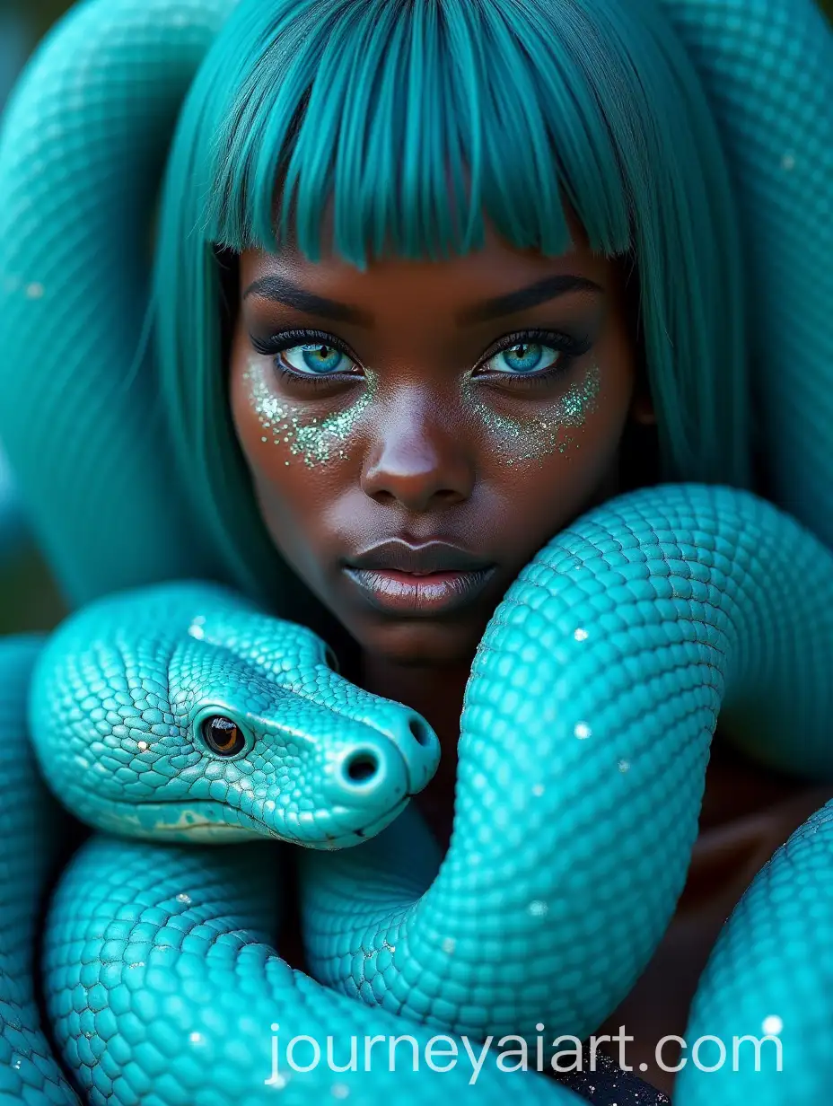 High-Fashion-Model-with-Turquoise-Blue-Hair-and-Glittering-Snake-in-AvantGarde-Style