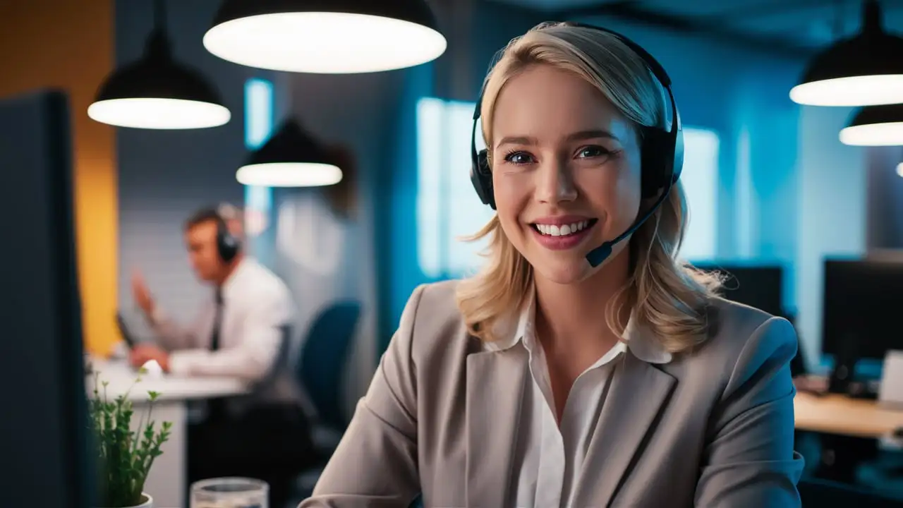 Friendly Call Center Operator Assisting Customer in Modern Office Setting